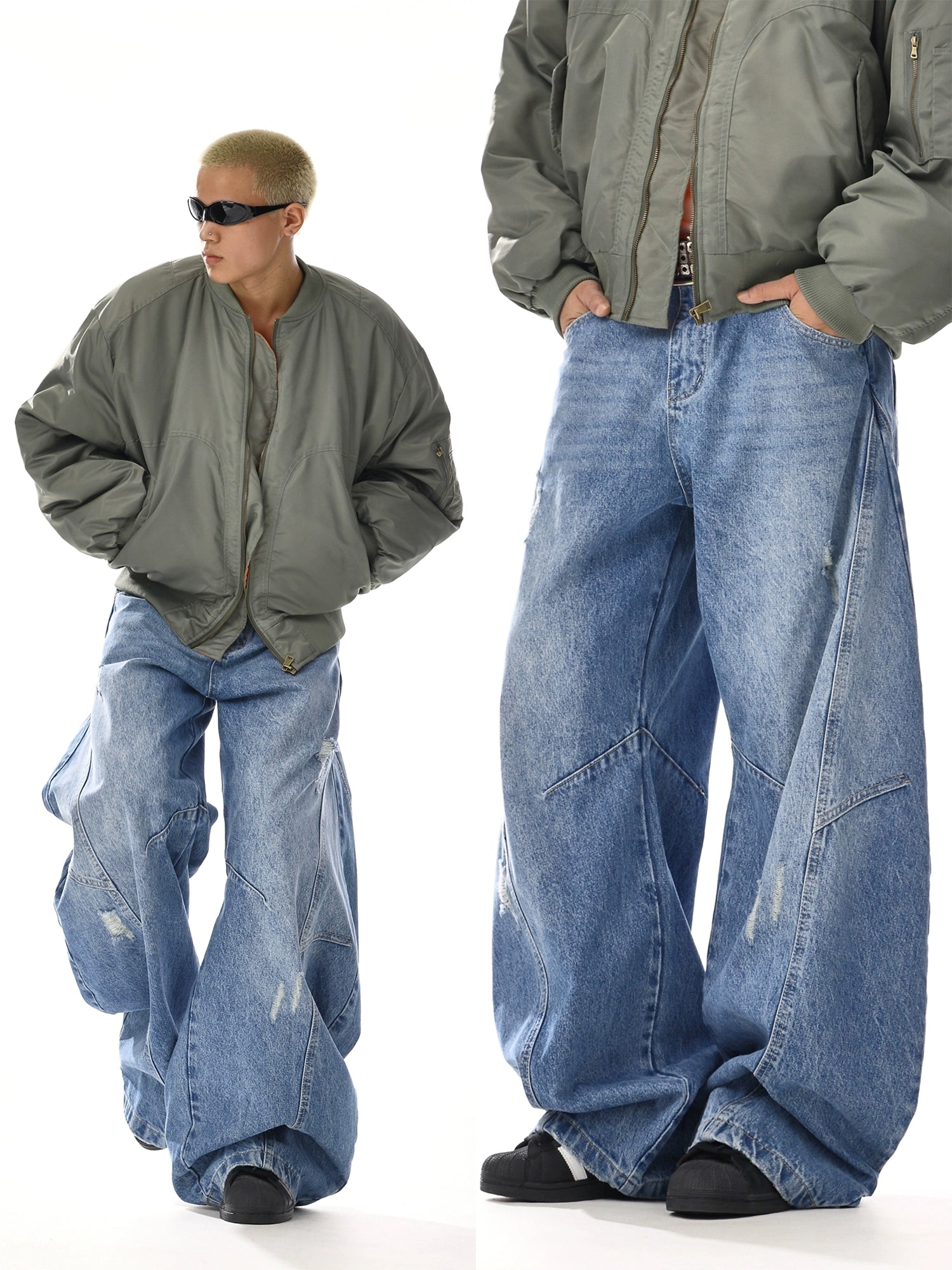 Wide-Leg Curved Denim Jeans with Unique 3D Tailoring Design