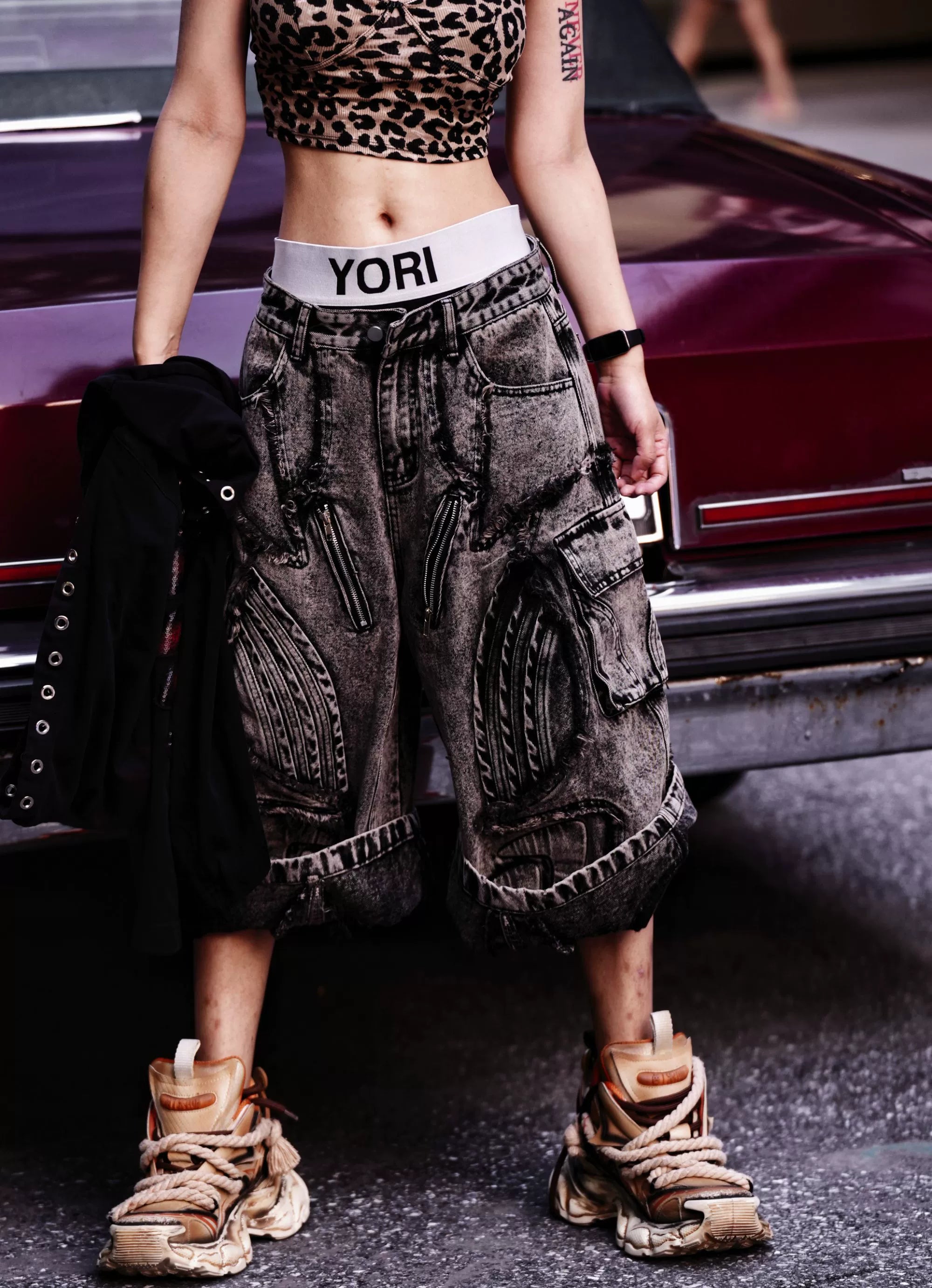 Heavy Embroidered Washed Patchwork Denim Pants