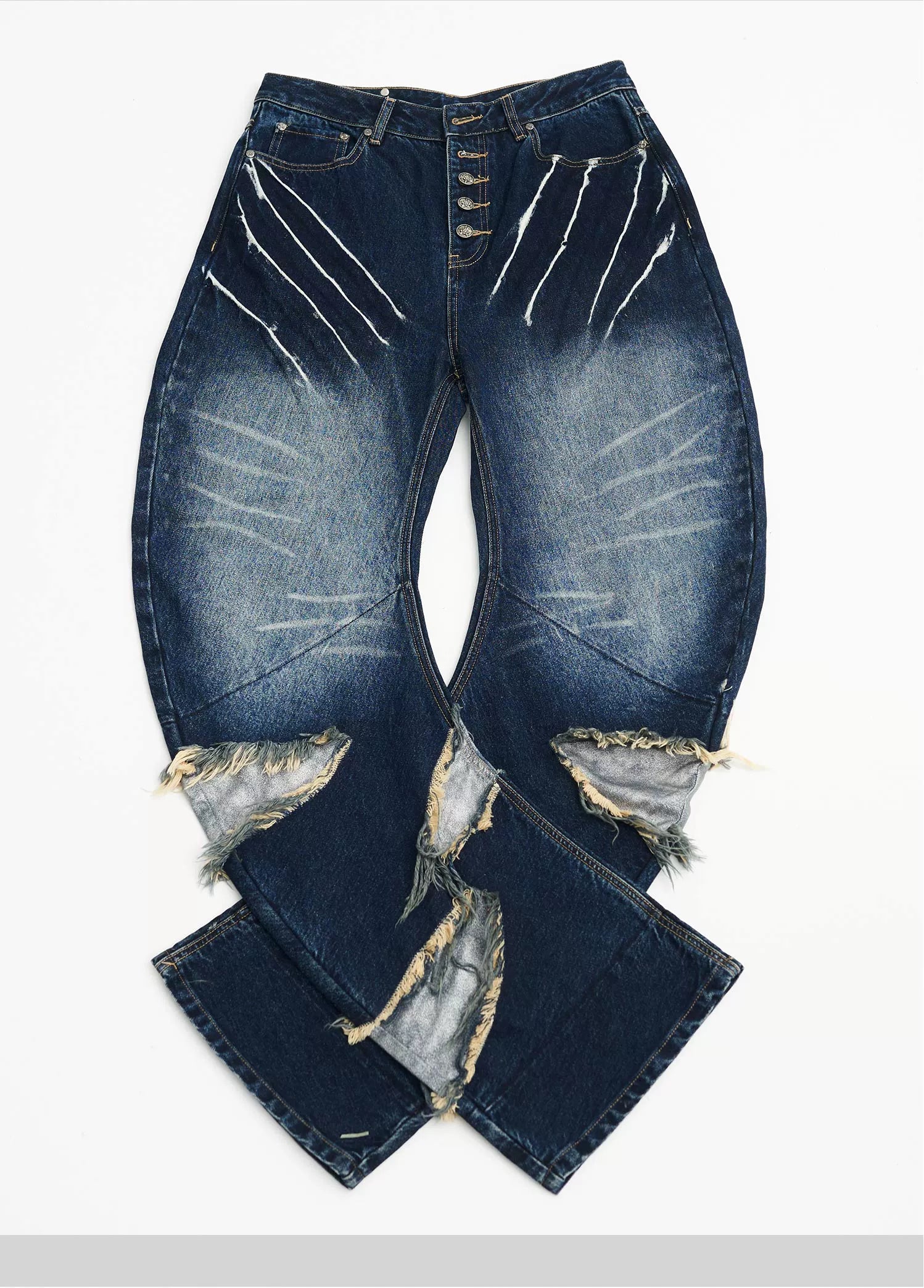 Sanhoostudio’s distressed claw-scratch denim scimitar pants feature washed patchwork craftsmanship, a loose fit, and slight stretch for comfort. Designed in blue-black denim, they bring an edgy streetwear vibe to any casual or punk-inspired outfit.