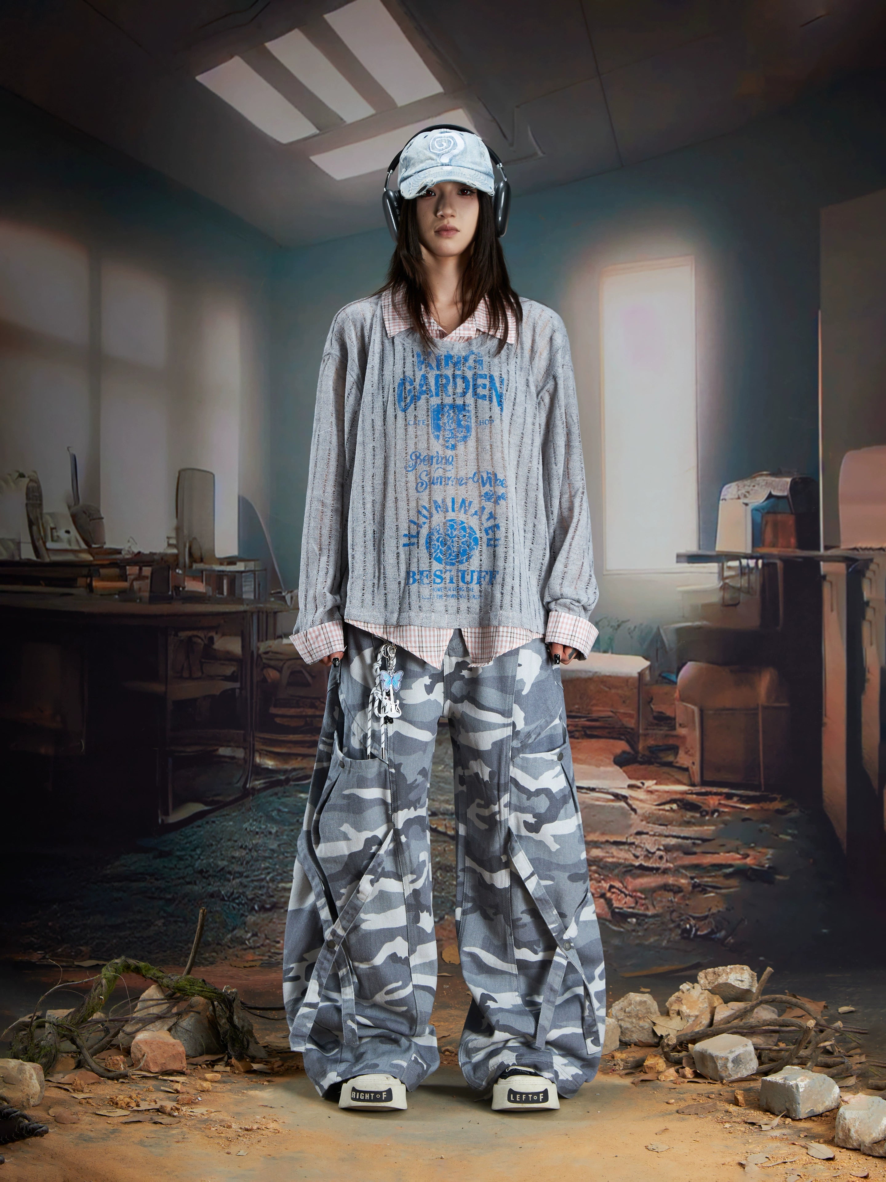 Lightweight Layered V-Neck Shirt-Collar Long Sleeve Top