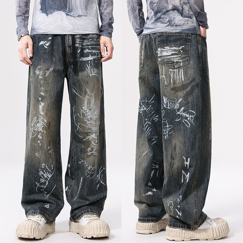 Graffiti Print Straight Wide Leg Jeans