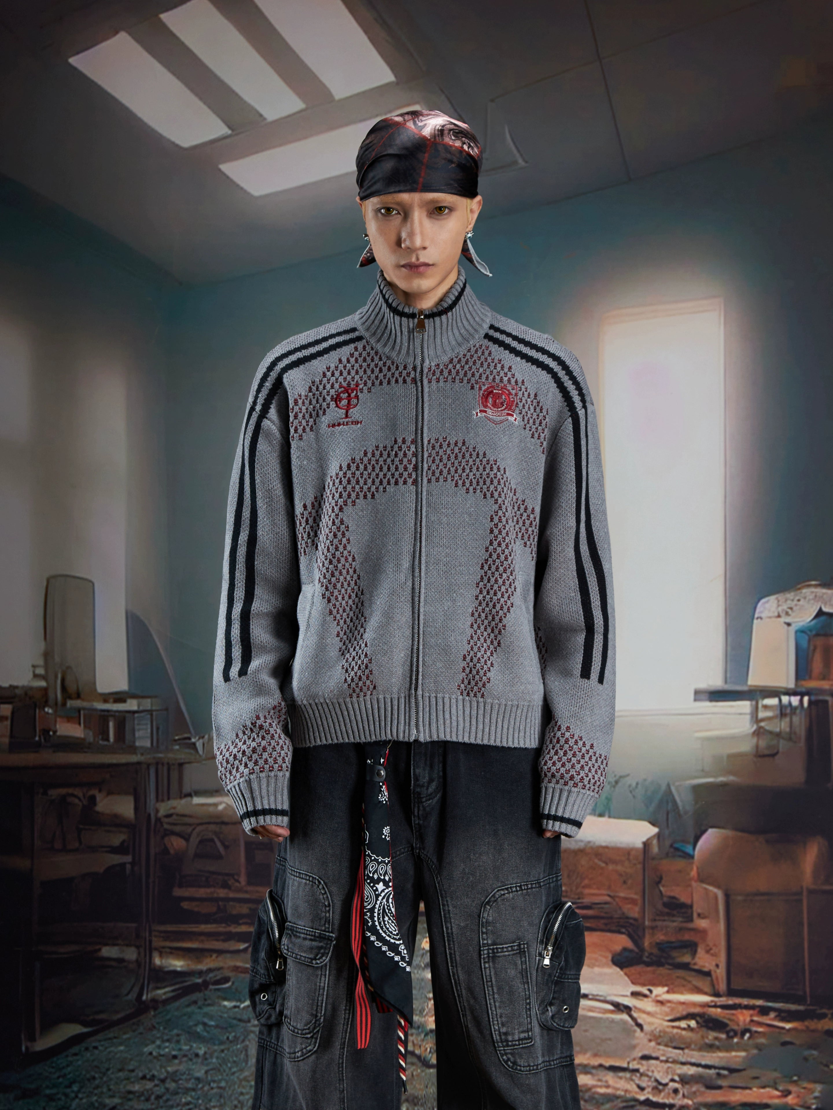 Add vintage sports style to your wardrobe with this retro knit cardigan sweater. Featuring colorblock details and a zip-up stand collar, it blends comfort with classic design. Shop knitwear at Sanhoostudio.