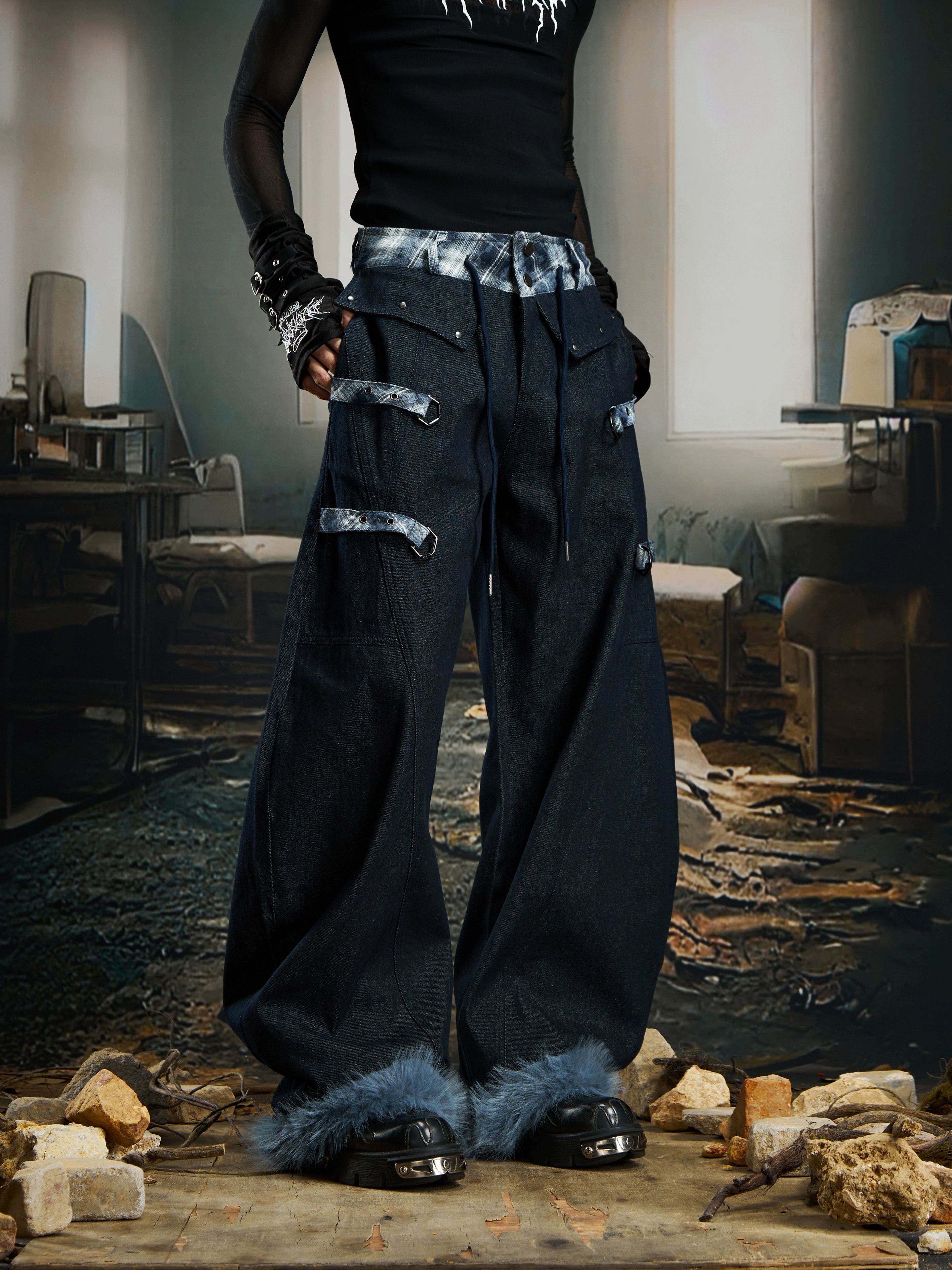 Y2K Plaid Patch Furry Detachable Hem Blade-Cut Jeans