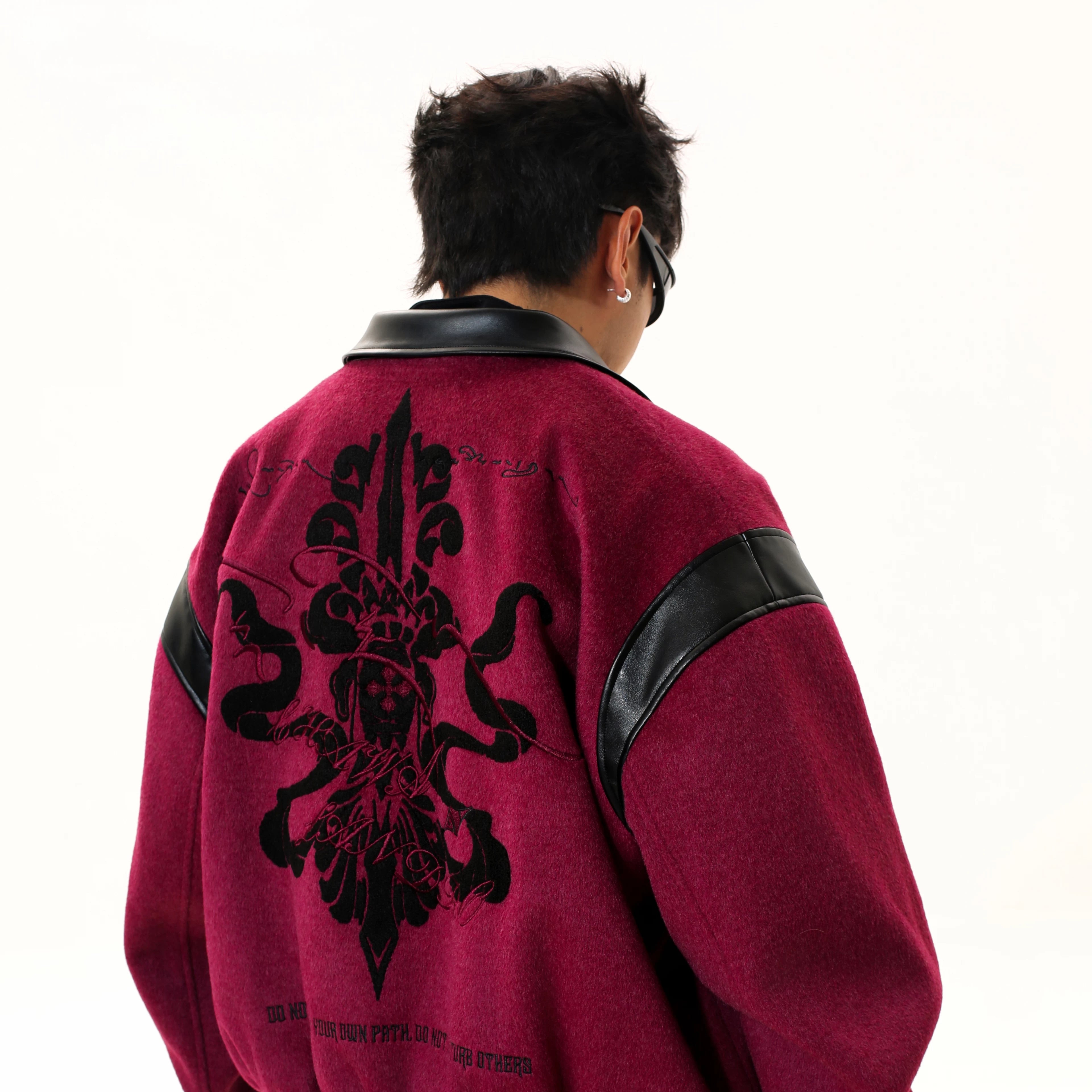 Sanhoostudio American-style varsity jacket with embroidery. Designed for unisex streetwear and seasonal layering.