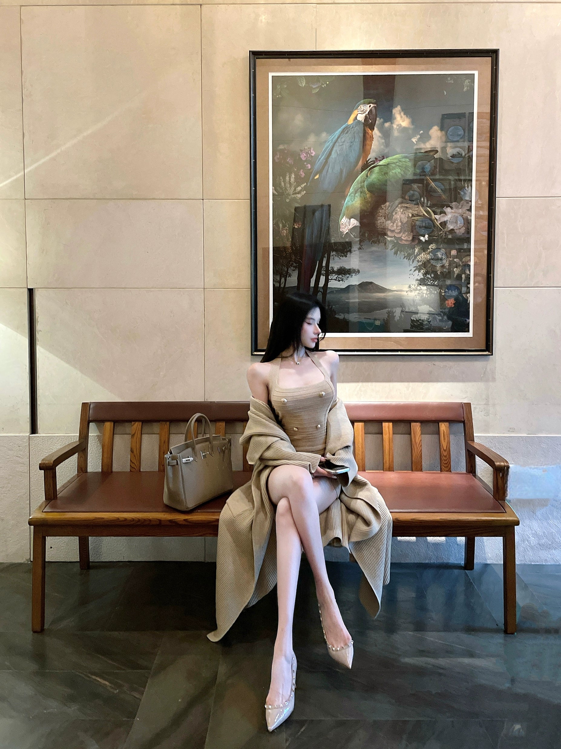 Shop the Sexy Chic Knit Halter Dress from Sanhoostudio, a bodycon knit mini dress with a modern halter neckline, perfect for parties and casual wear.