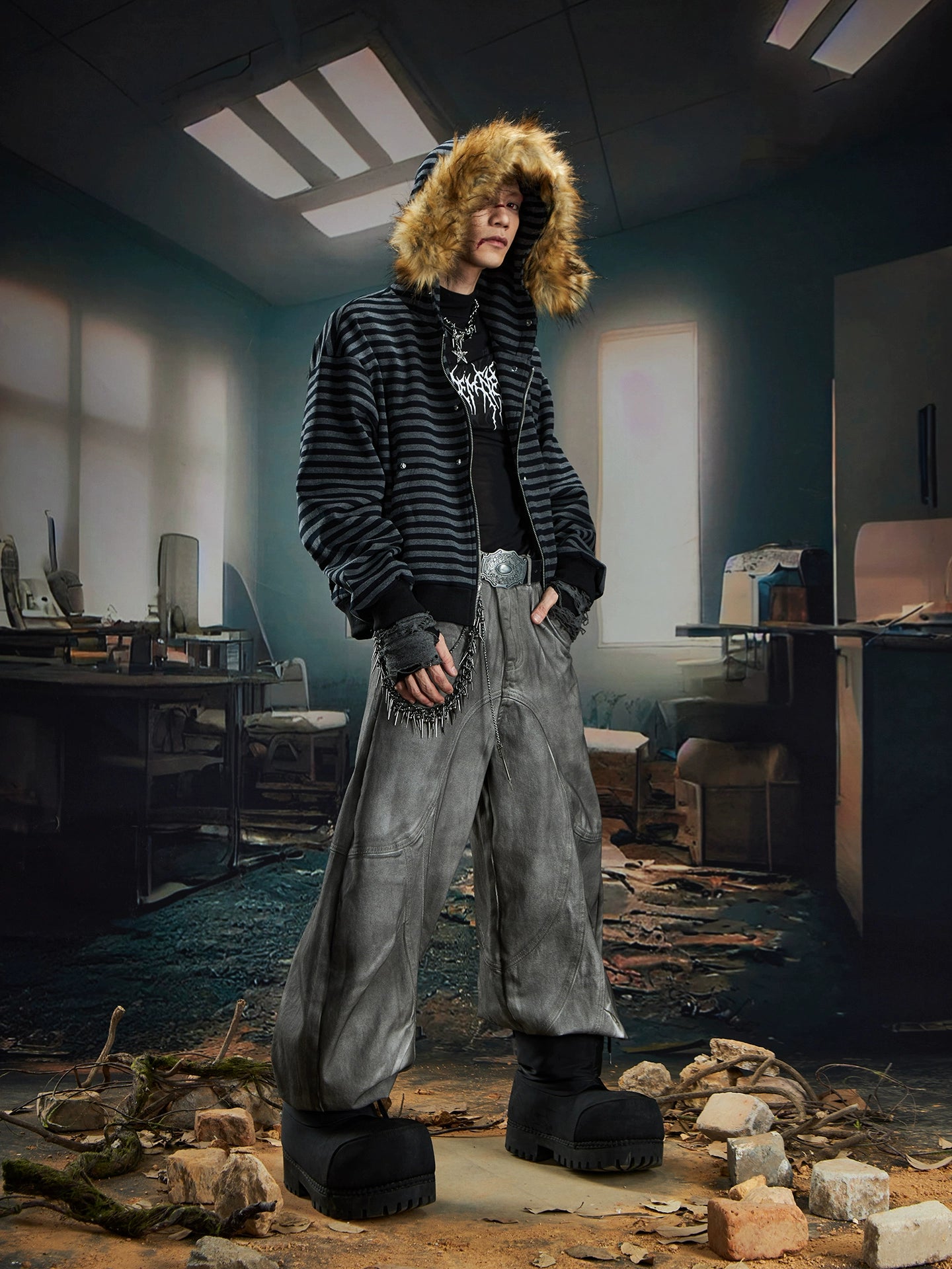 Y2K Furry Patchwork Zip Hoodie with Striped Design