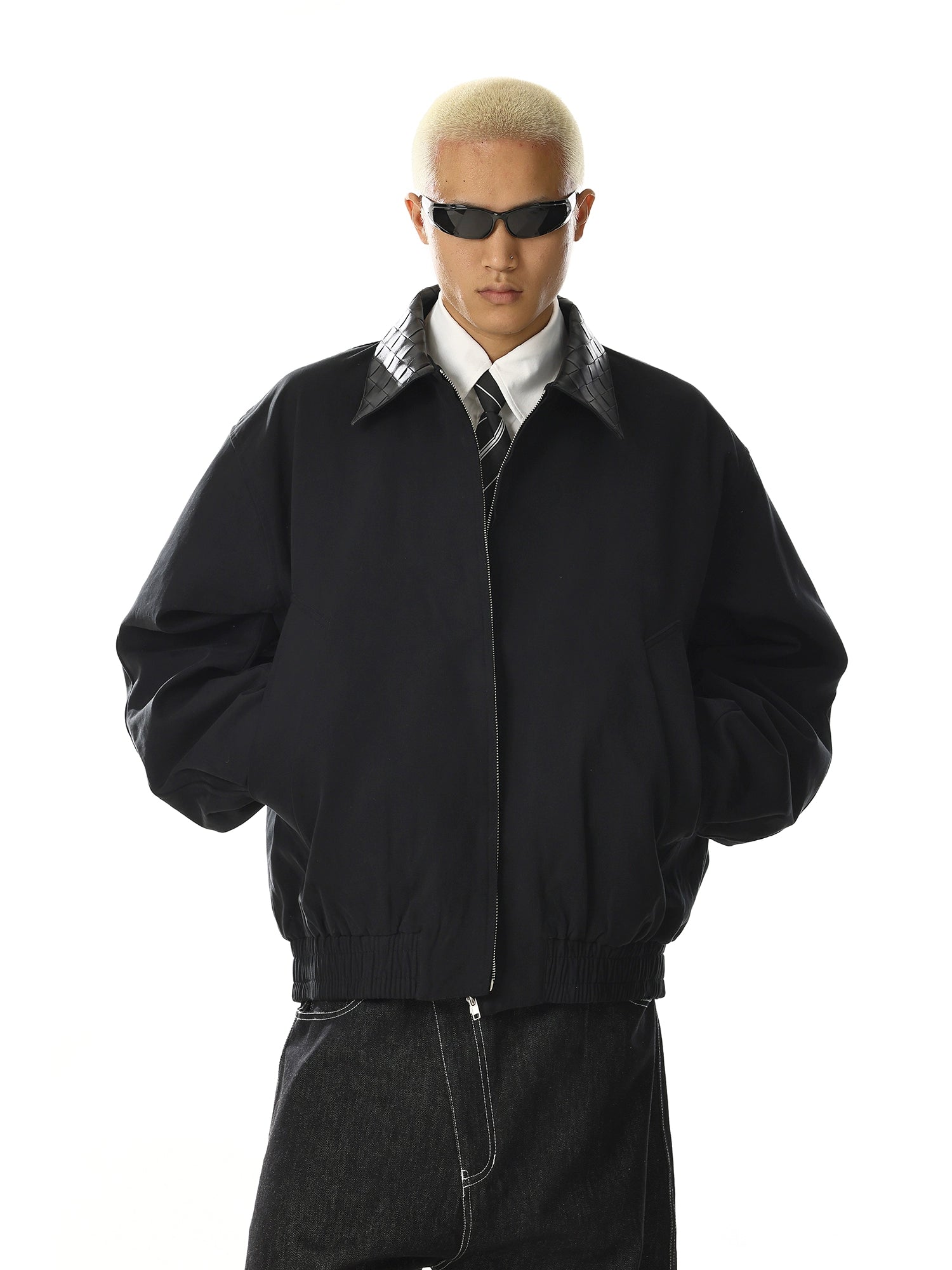 Vintage Leather Collar Jacket with Minimalist High Street Style