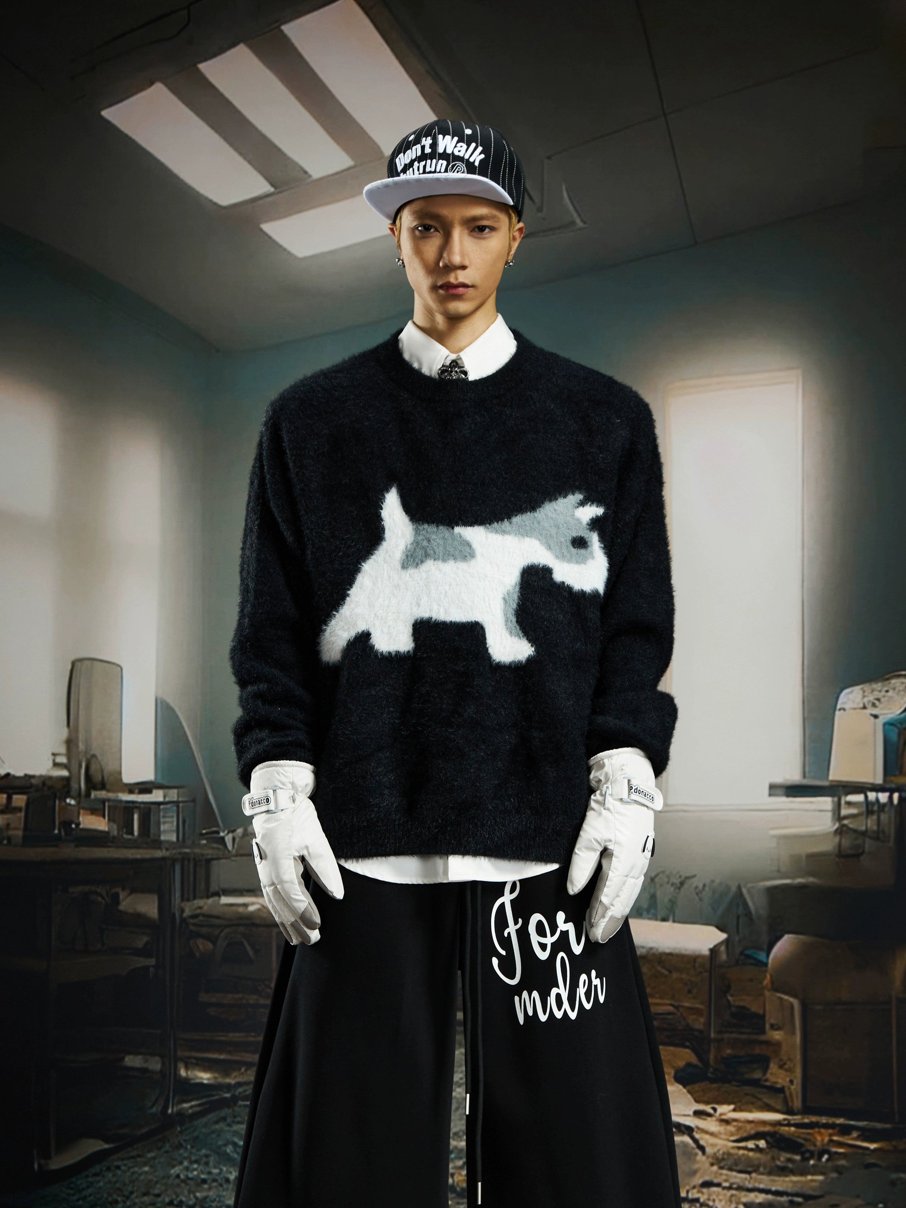A soft mohair-inspired dog-pattern knit sweater from Sanhoostudio, featuring a relaxed unisex silhouette and warm cozy texture for winter streetwear layering.