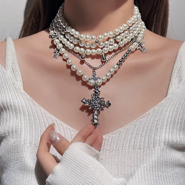 Layered Cross Pearl Choker Necklace
