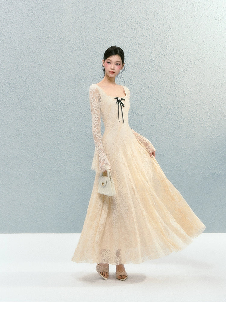 Sanhoostudio presents the Lace Bow Long Sleeve Dress, a charming piece with lace and bow accents, perfect for birthdays and autumn gatherings.