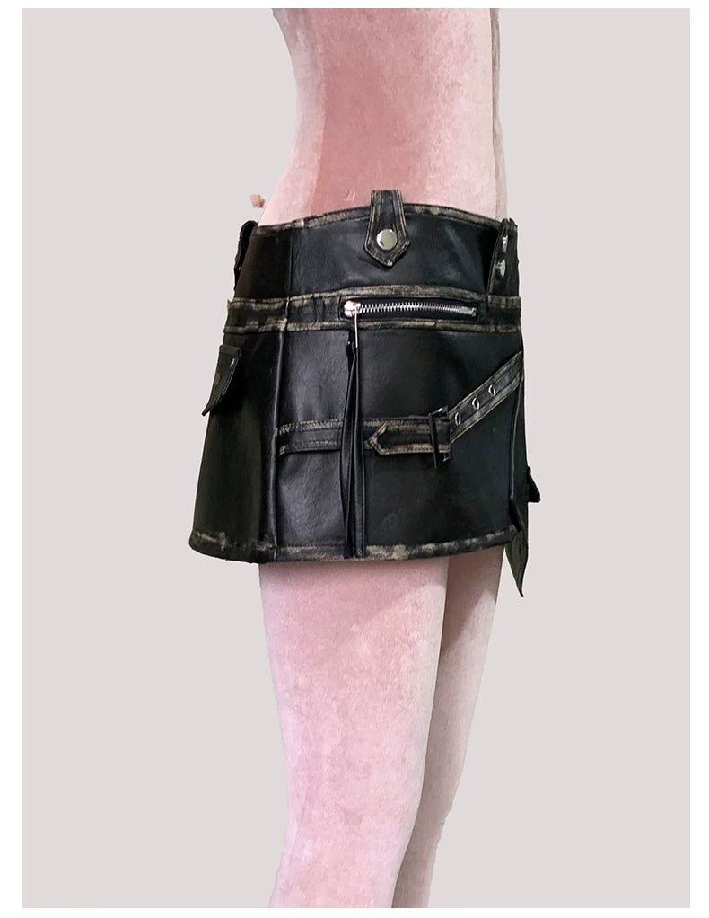 Sanhoostudio Distressed Asymmetric PU Leather Mini Skirt