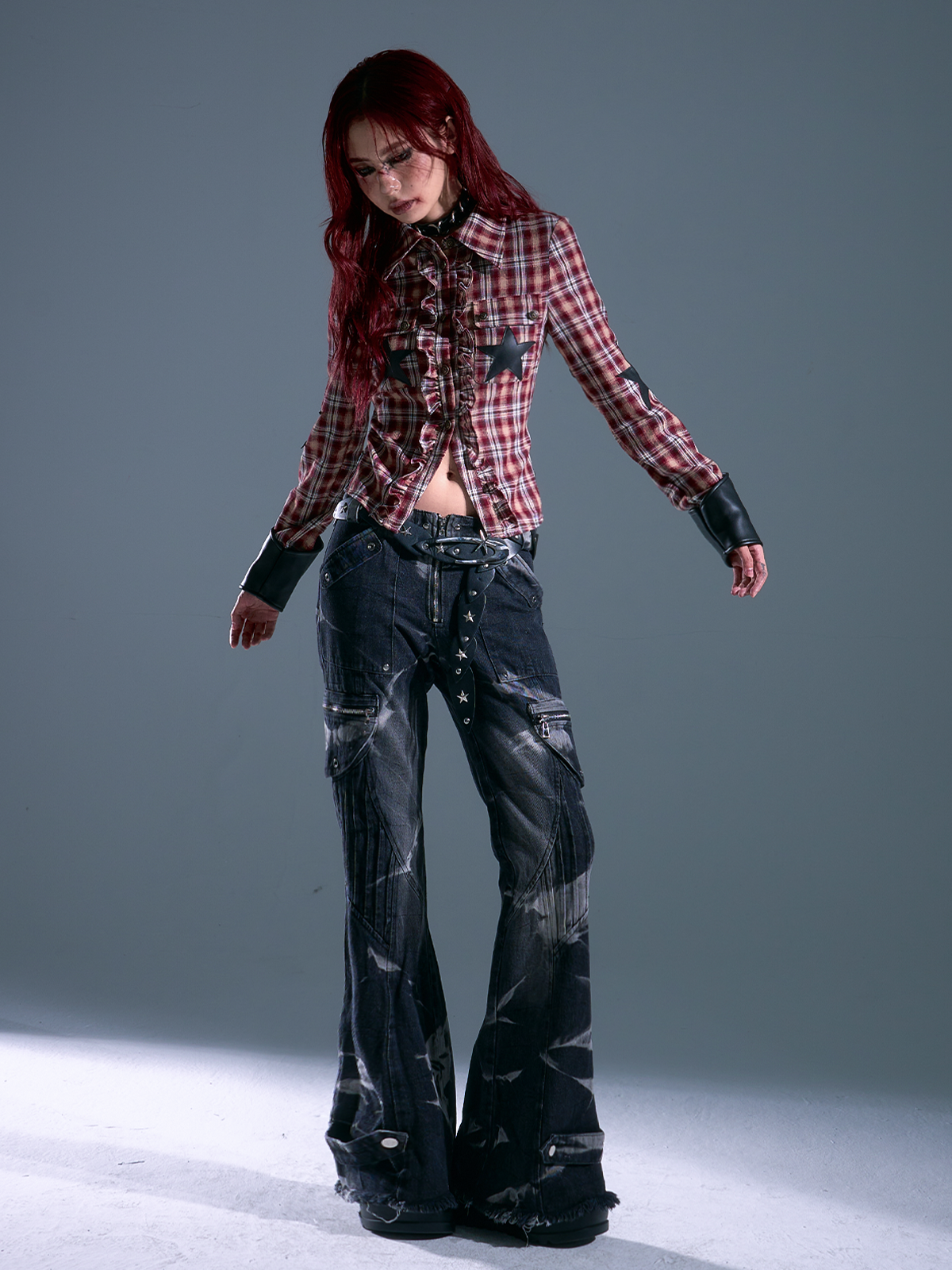 Punk Star Patchwork Slim Plaid Shirt