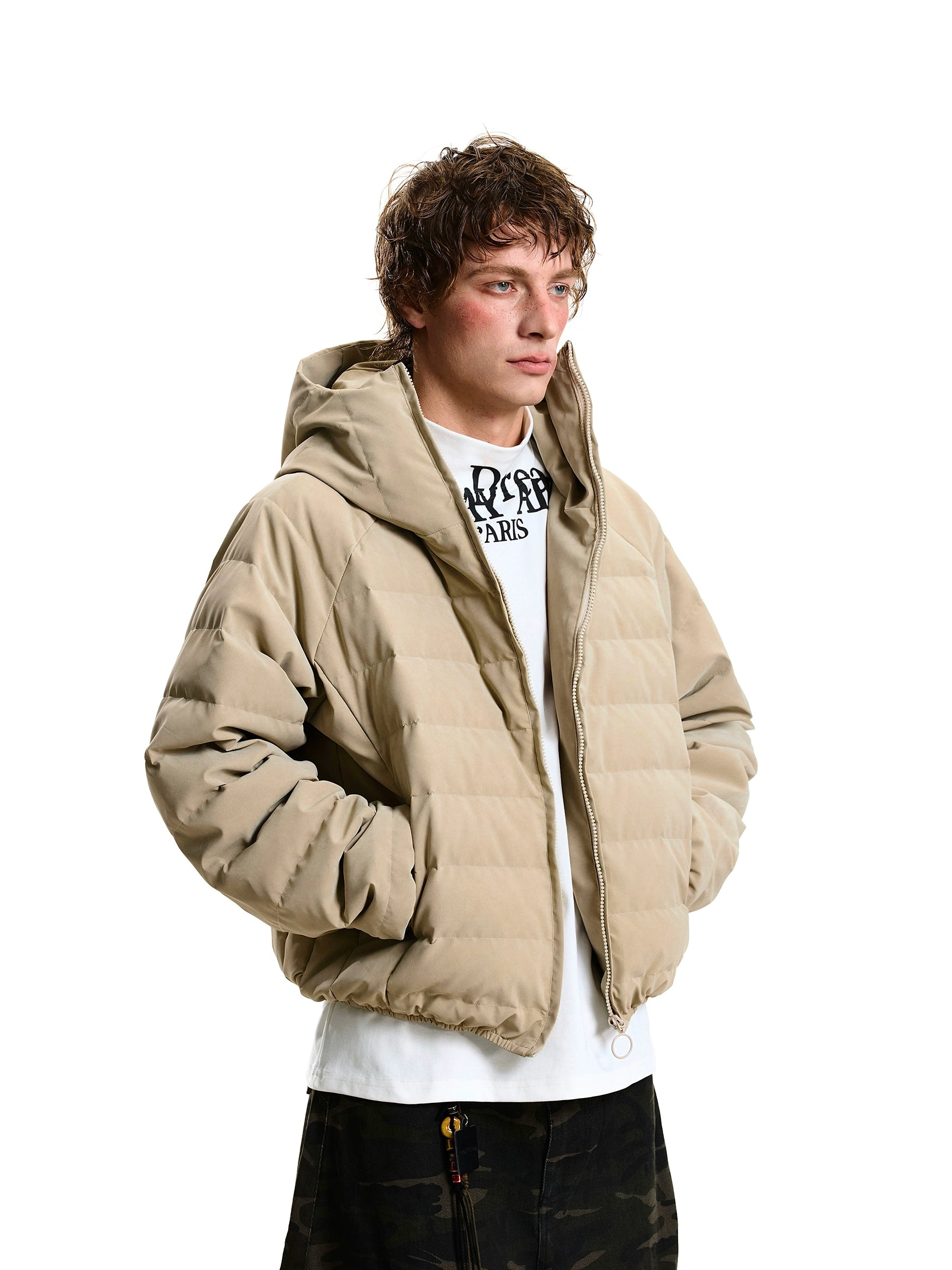 Lightweight 90% Down Ribbed Masked Hood Puffer