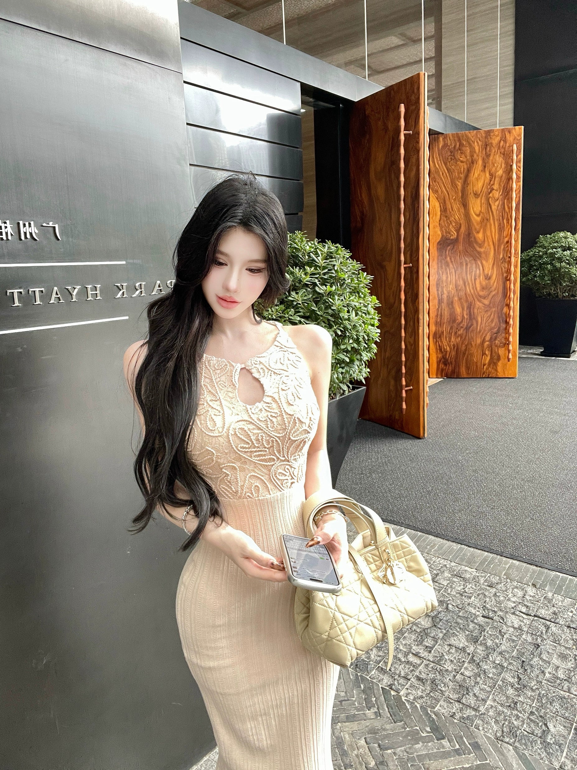 Elegant Lace Knit Midi Dress