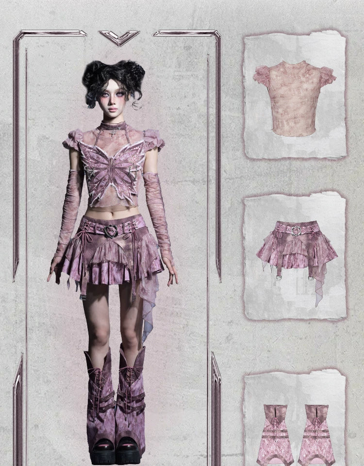 Sanhoostudio Sequin A-Line Denim Skirt crafted from 100% polyester features Y2K punk style with lace-up details and sparkling sequins. Perfect for streetwear, summer festivals, or casual outings.