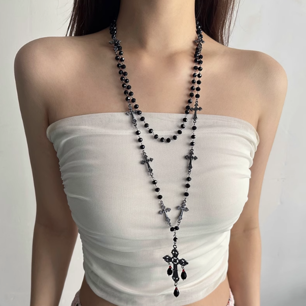 Layered Cross Pearl Choker Necklace