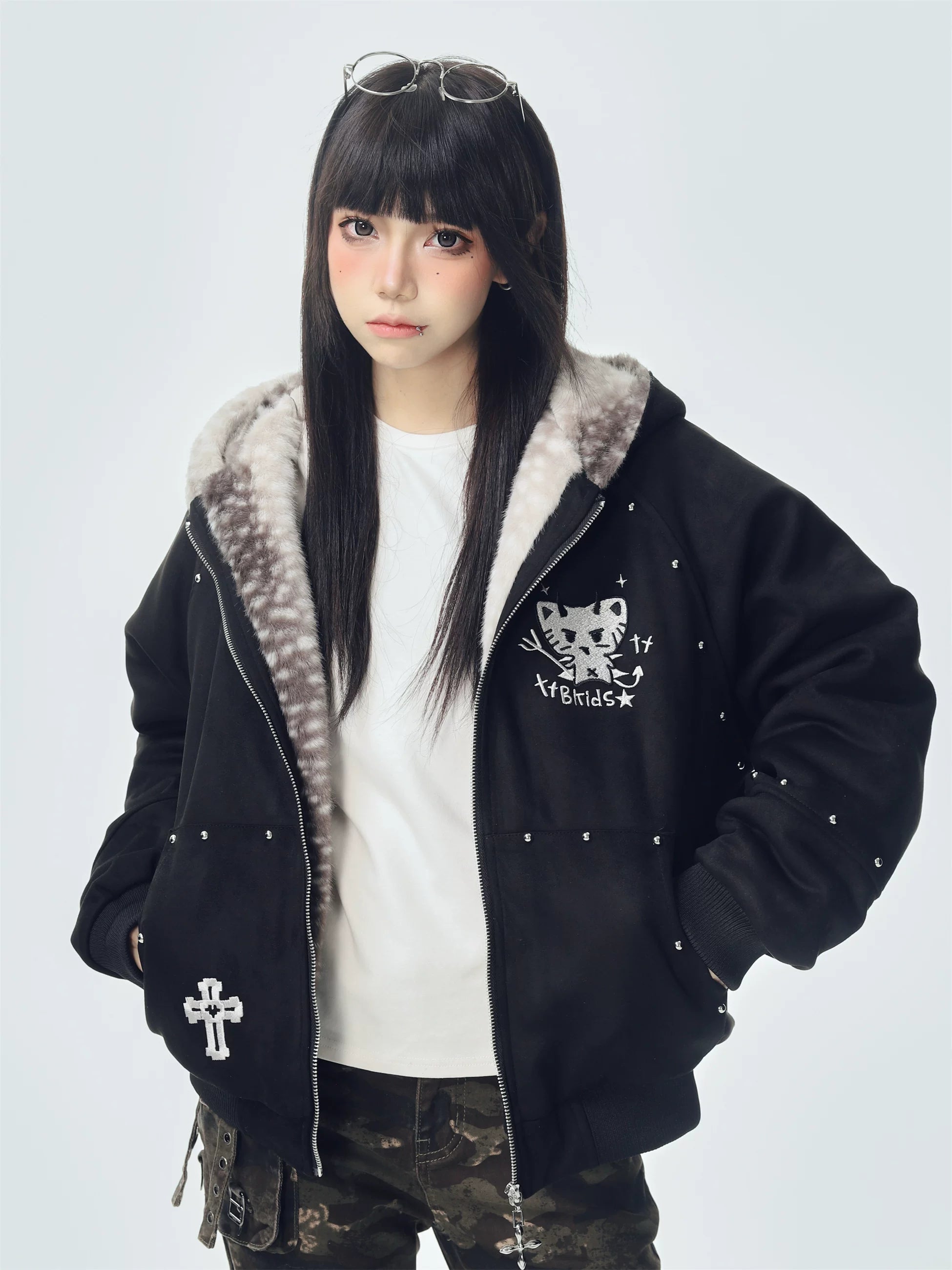 Sanhoostudio hooded puffer jacket featuring devil cat, cross, and mountain eagle graphics. Designed with a relaxed fit, thick padding, and winter insulation for edgy dark street style.