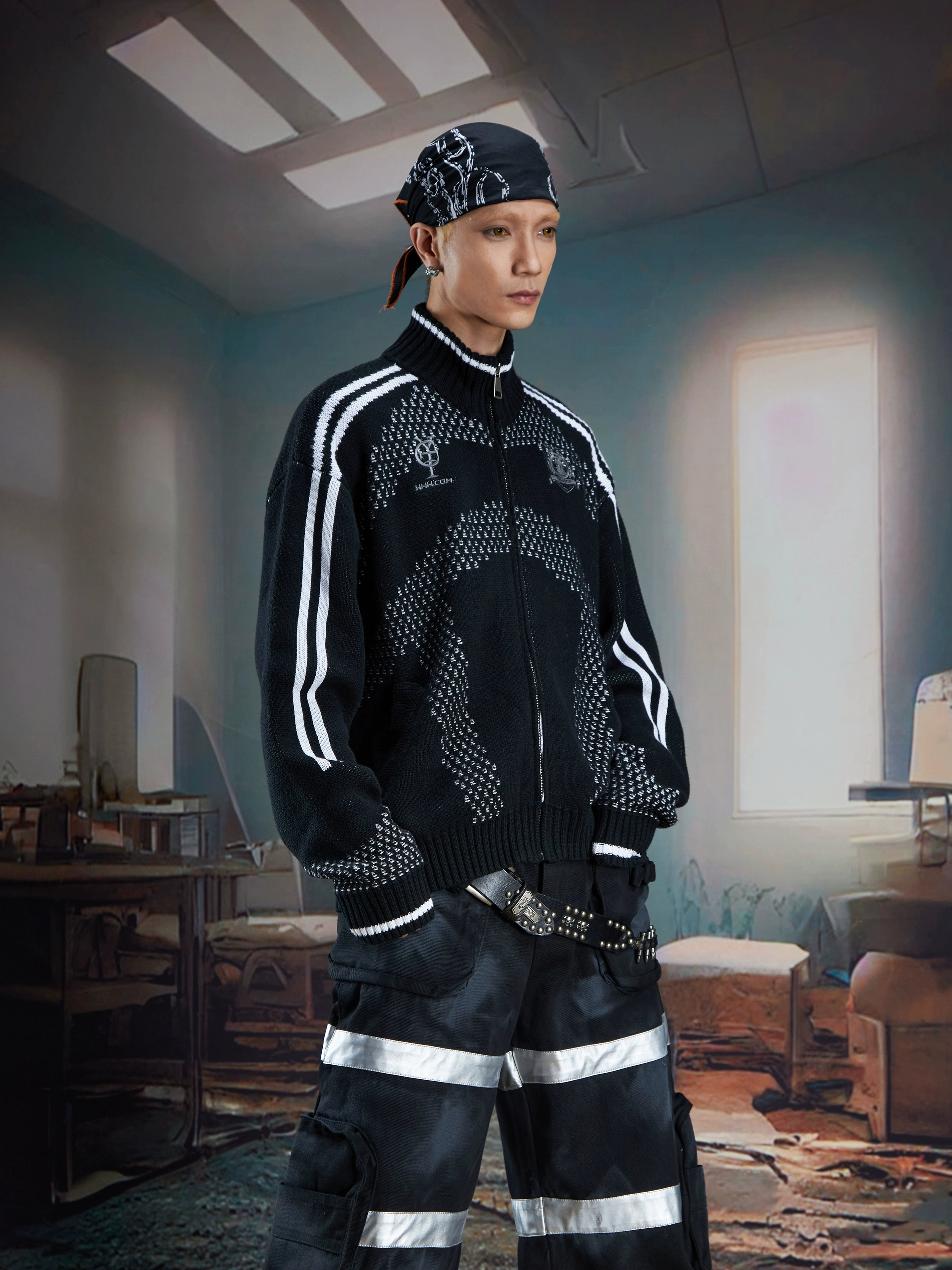 Add vintage sports style to your wardrobe with this retro knit cardigan sweater. Featuring colorblock details and a zip-up stand collar, it blends comfort with classic design. Shop knitwear at Sanhoostudio.