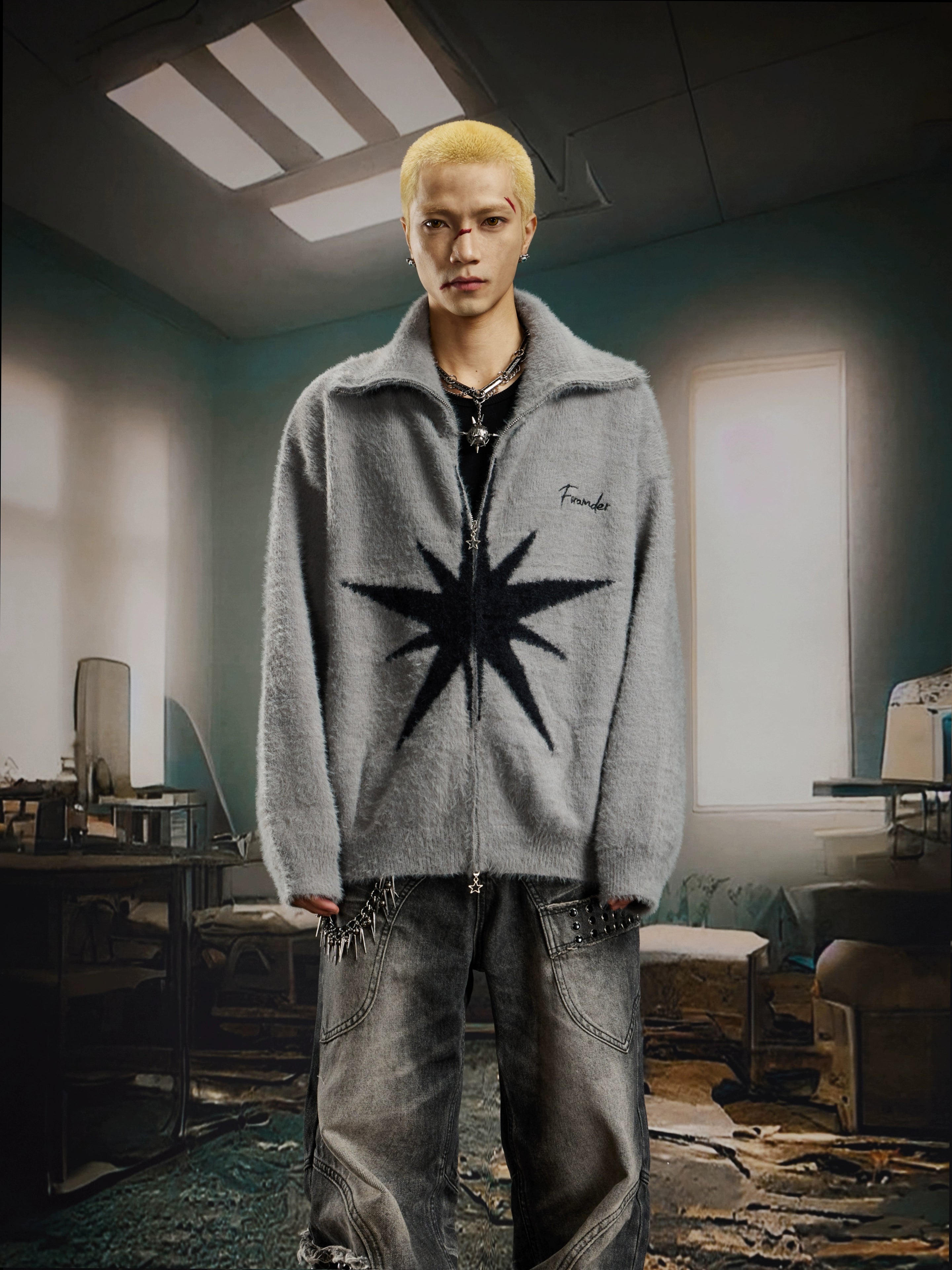 Y2K Mohair-Inspired High-Neck Zip Knit Sweater