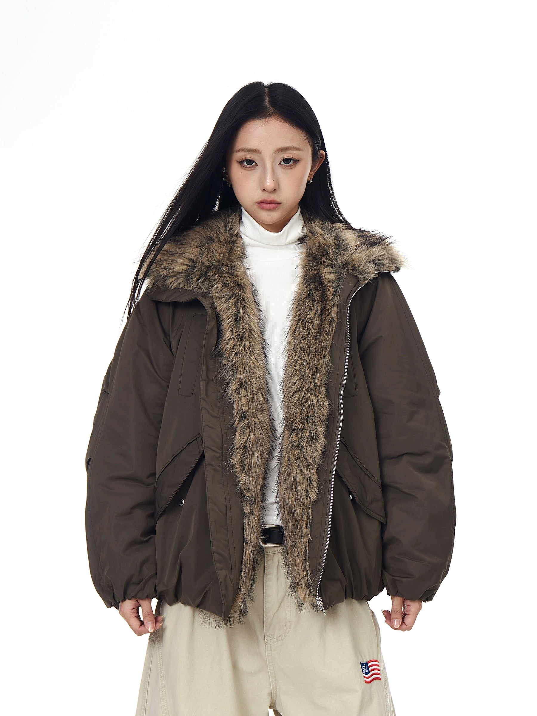 Multi-Pocket Fur-Collar Utility Hawk Jacket
