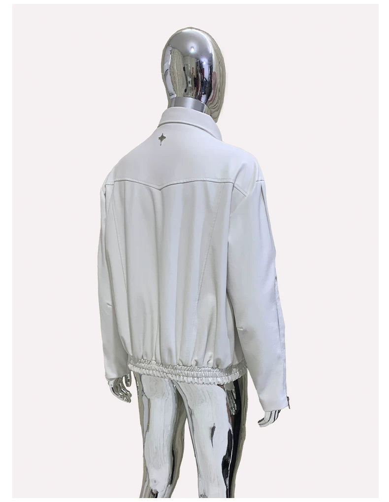 Sanhoostudio White Lapel PU Leather Moto Jacket