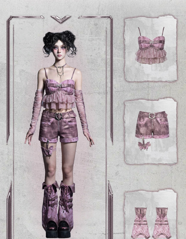 Sanhoostudio Sequin Denim Leg & Boot Covers made from 100% polyester feature Y2K punk style with studded and sequin accents. Perfect for streetwear, festivals, and summer casual outfits.