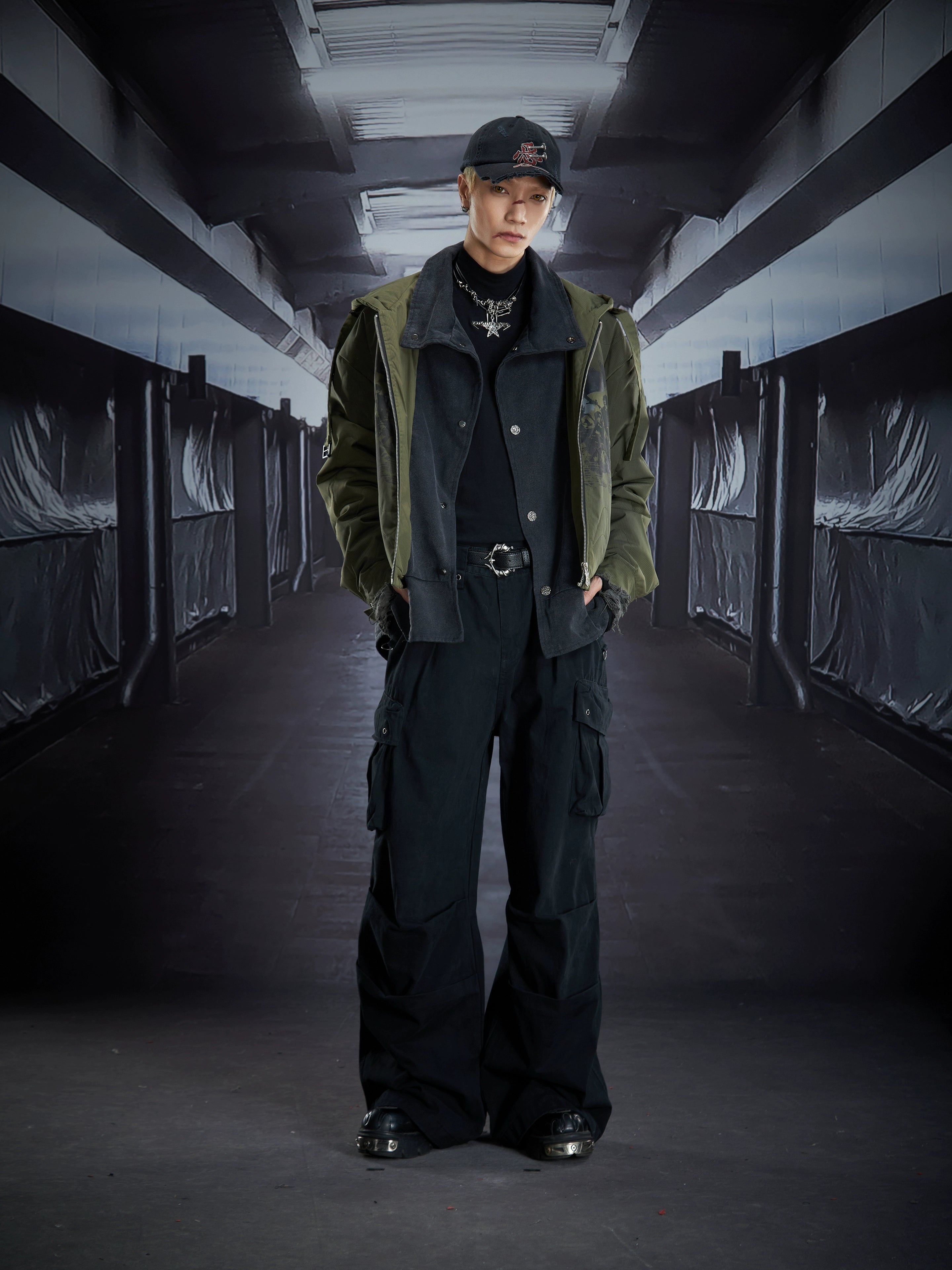 Heavyweight Faux-Layered Hooded Denim Patch Puffer