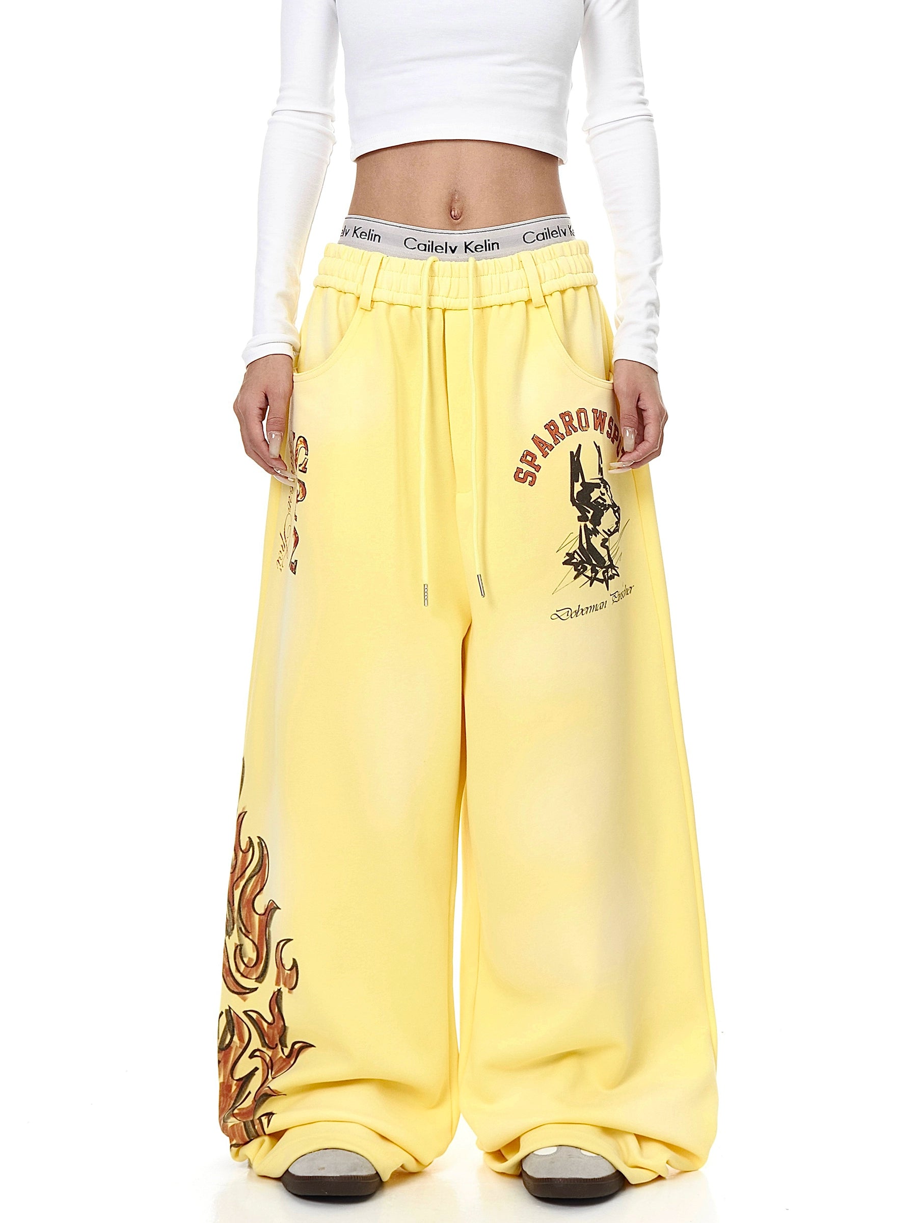 Hand-Painted Flame Print Straight Sweatpants