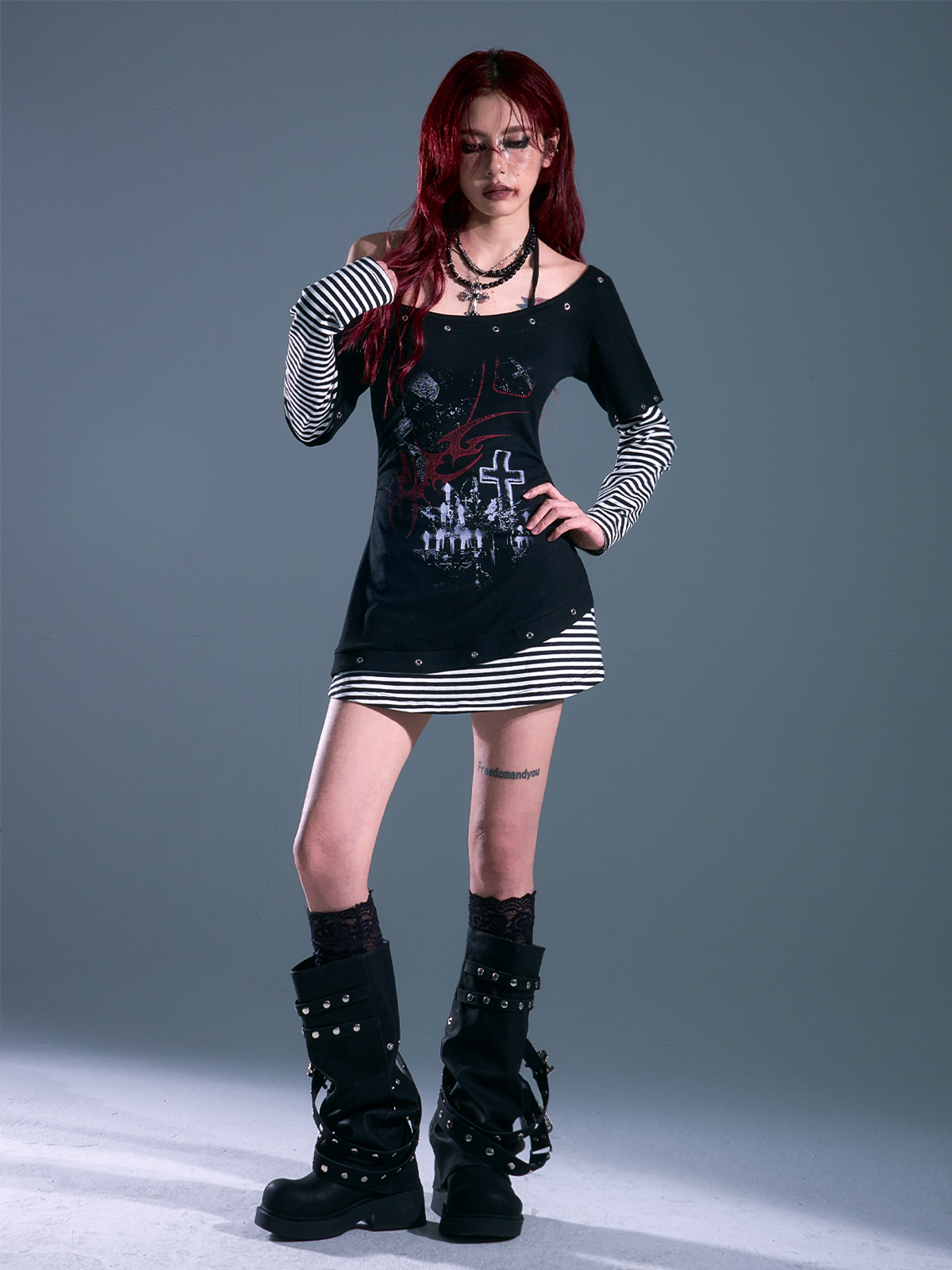 Punk Rock Printed Layered One-Shoulder Dress