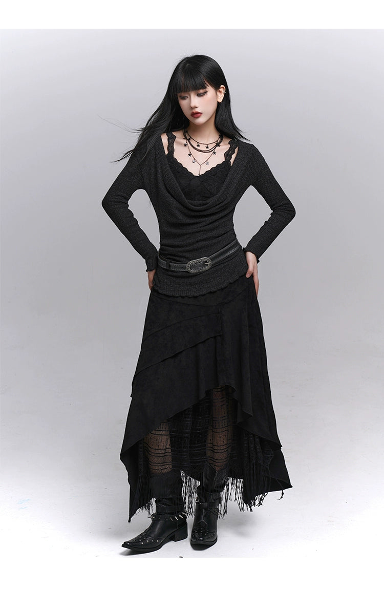 Brown Suede A-Line Maxi Skirt