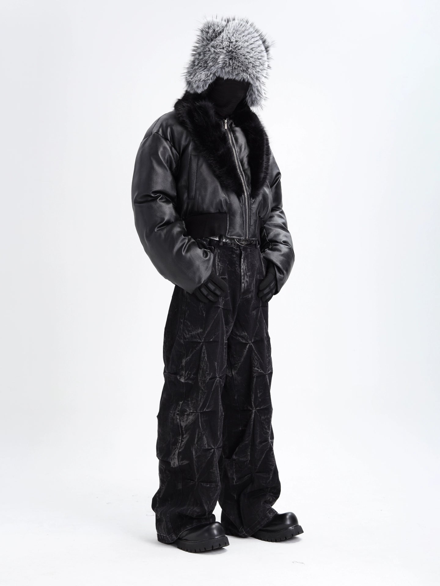 Faux-Fur Collar Leather Puffer Jacket