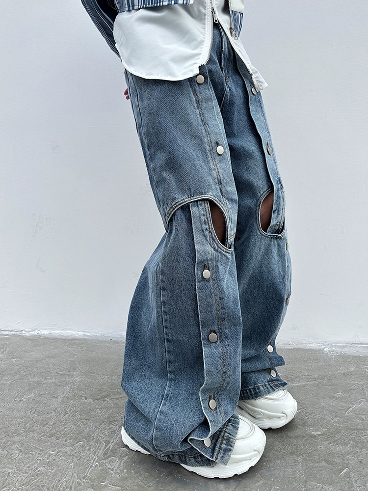 Button Detail Straight-Leg Ripped Wide-Leg Pants