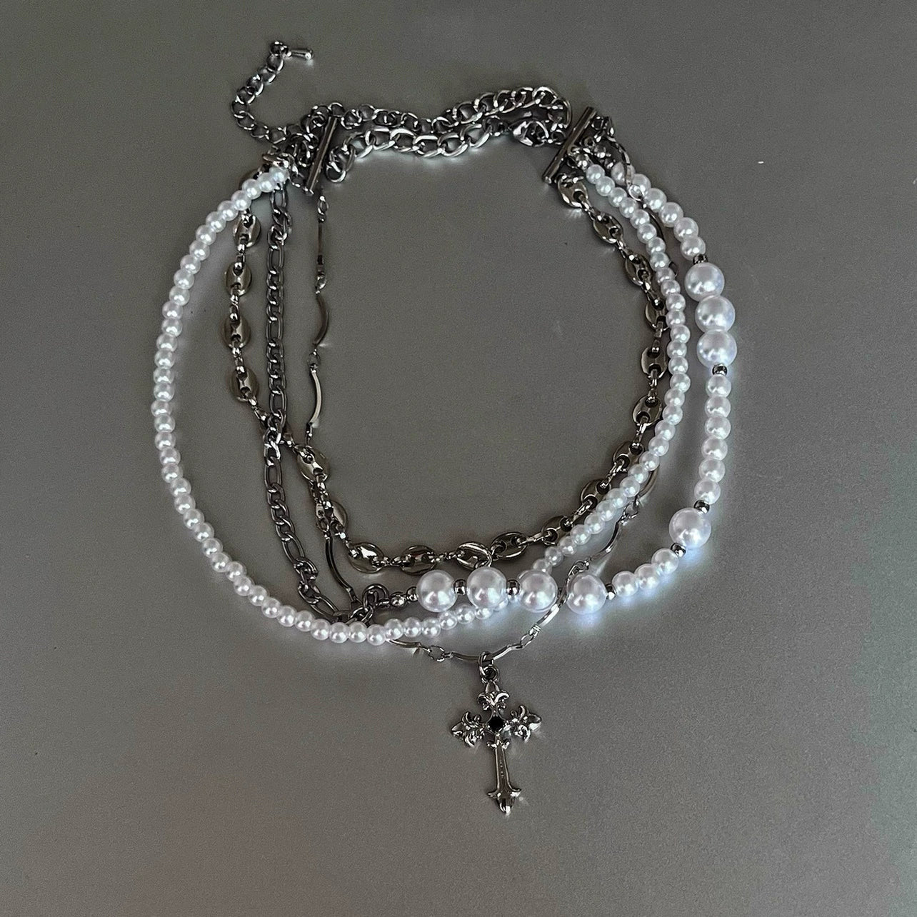 California Cross Pearl Multi-Layer Necklace