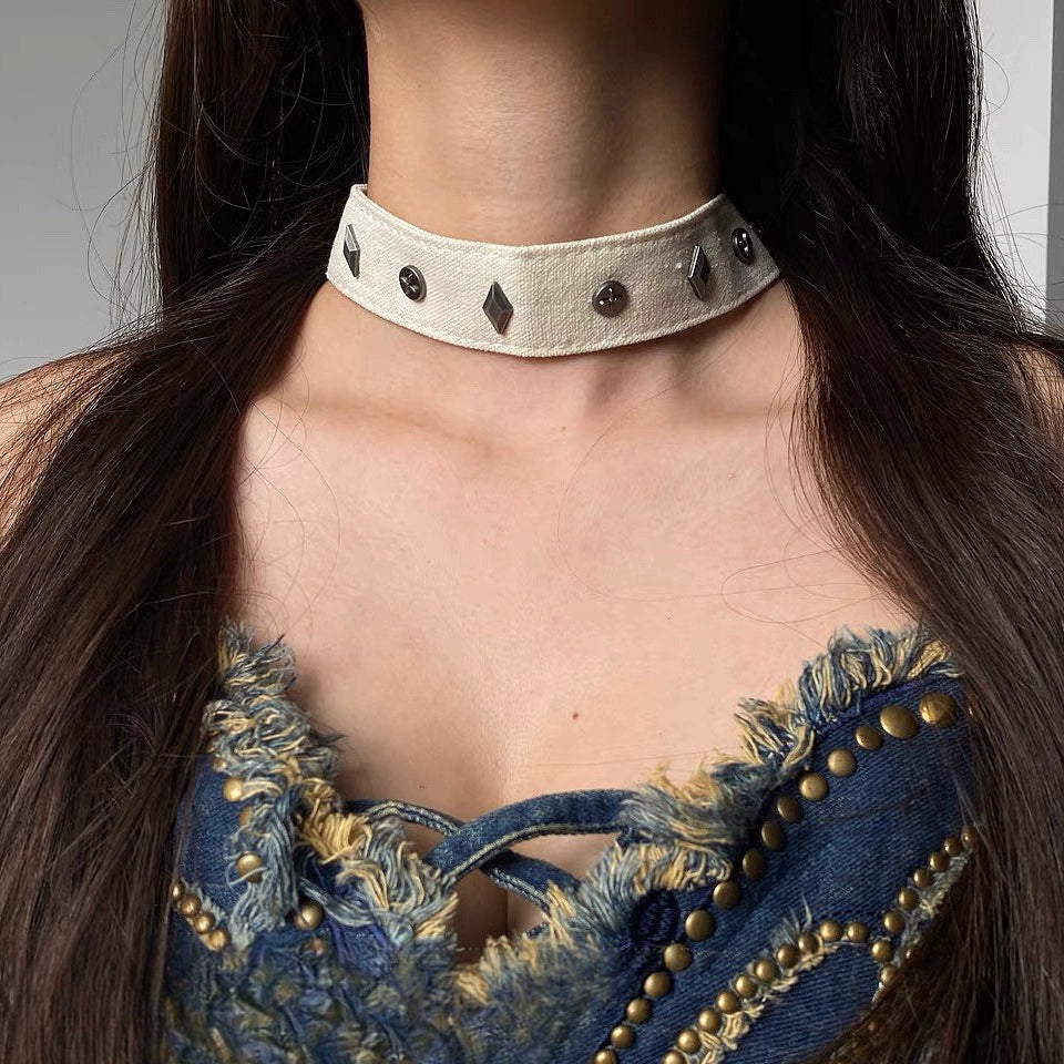White Canvas Metal Choker Necklace