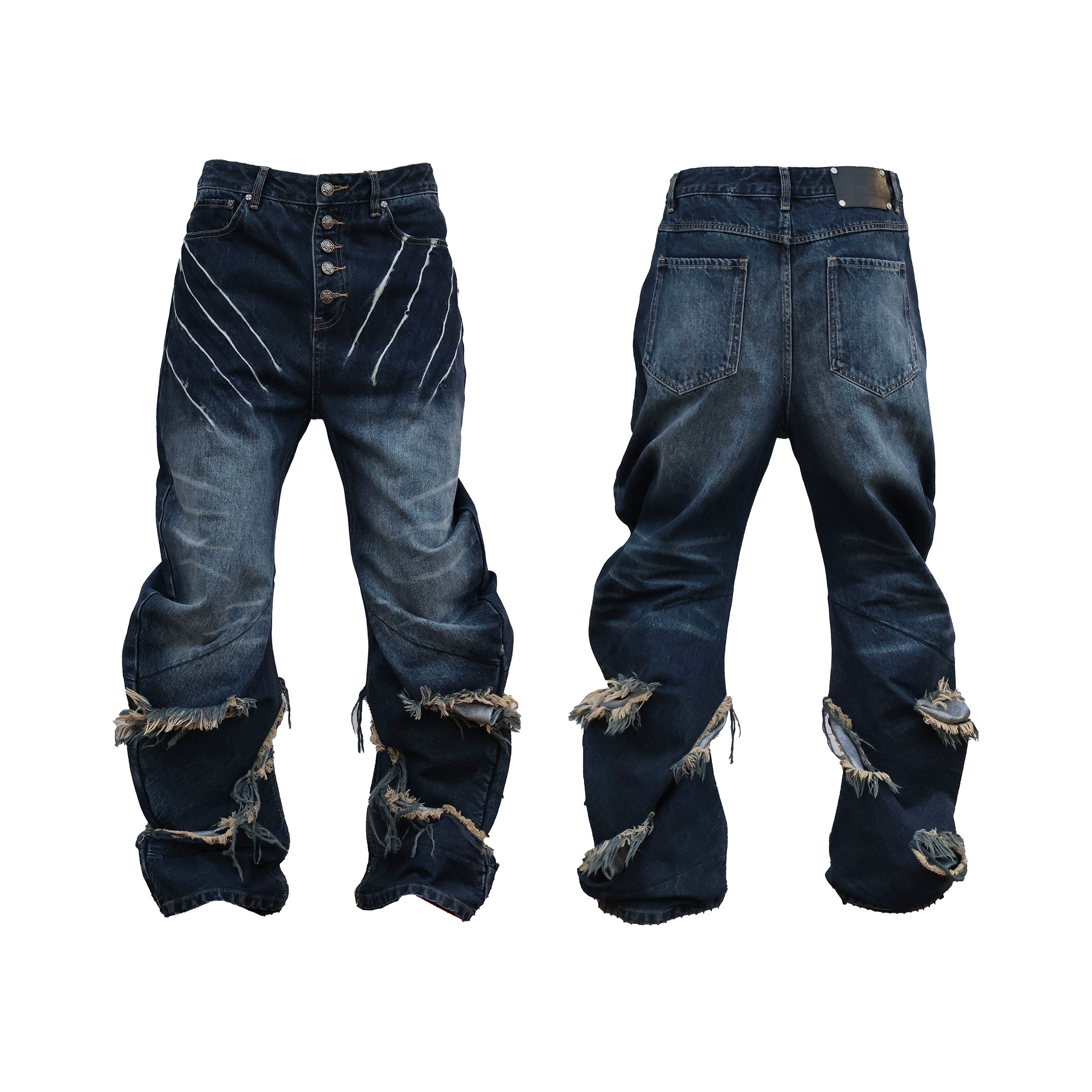 Sanhoostudio’s distressed claw-scratch denim scimitar pants feature washed patchwork craftsmanship, a loose fit, and slight stretch for comfort. Designed in blue-black denim, they bring an edgy streetwear vibe to any casual or punk-inspired outfit.