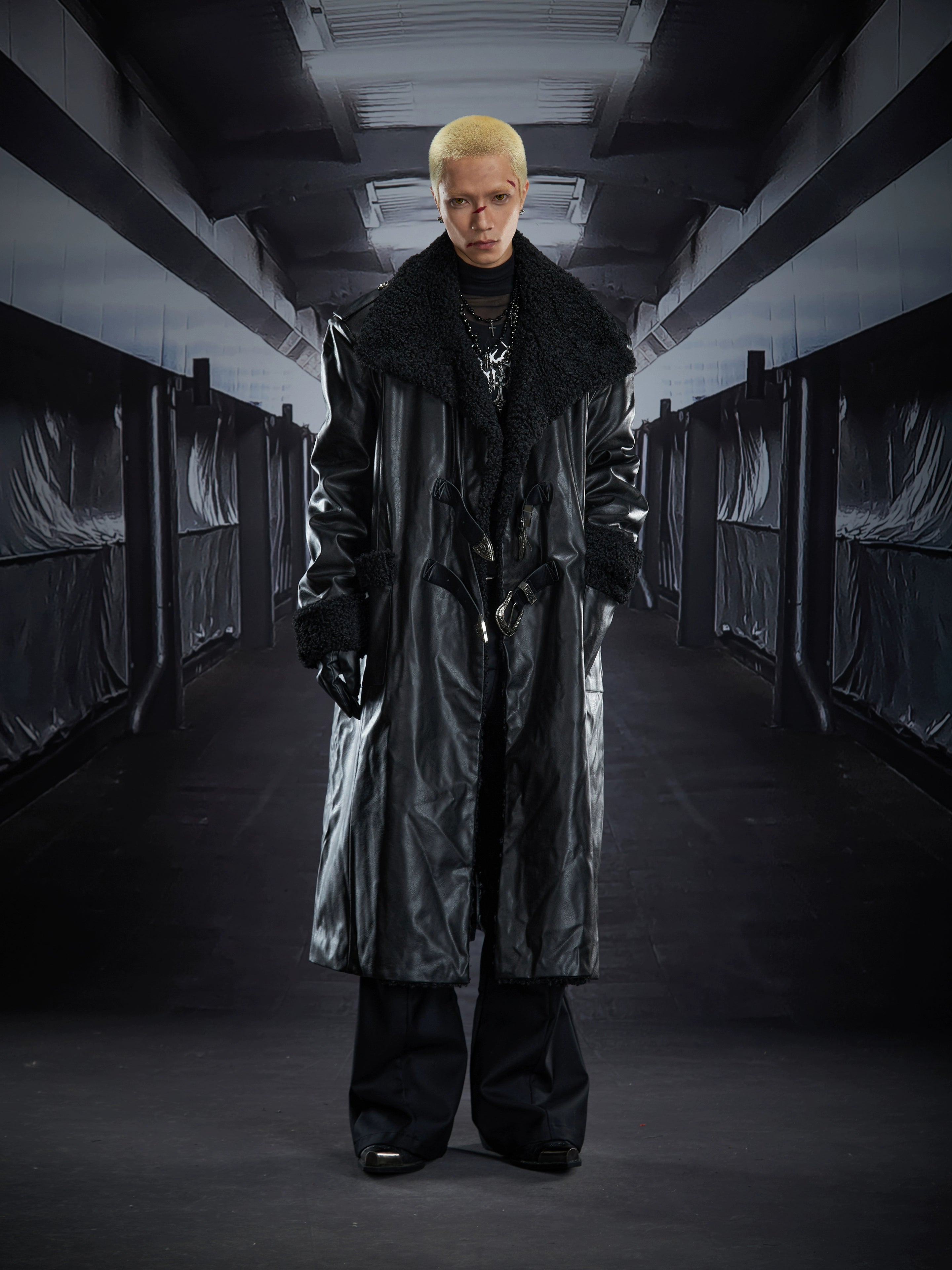 Belted Shearling-Lined Oversized Leather Trench Coat