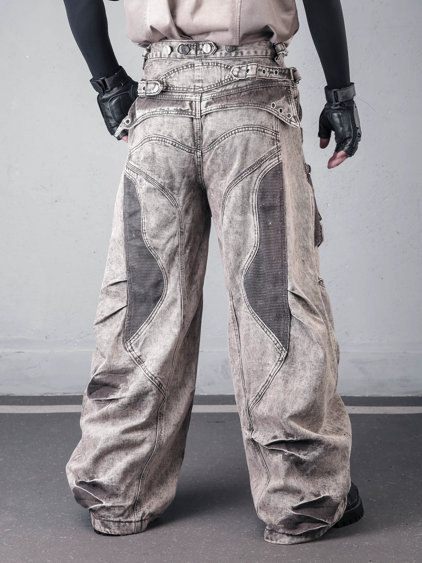 Sanhoostudio wide leg denim pants featuring double waist design, distressed wash, and scythe-cut silhouette. Designed for modern streetwear styling with a loose fit, durable structure, and bold urban aesthetic for everyday wear.