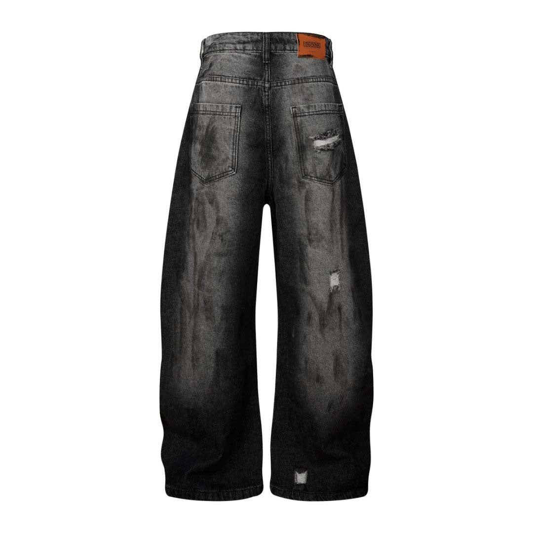 These dirty-dyed washed jeans feature bold stripe accents, multiple utility pockets, and a vintage worn-in finish. With a loose, streetwear-inspired fit, they’re perfect for creating a rugged, edgy look. Ideal for urban and grunge fashion lovers.