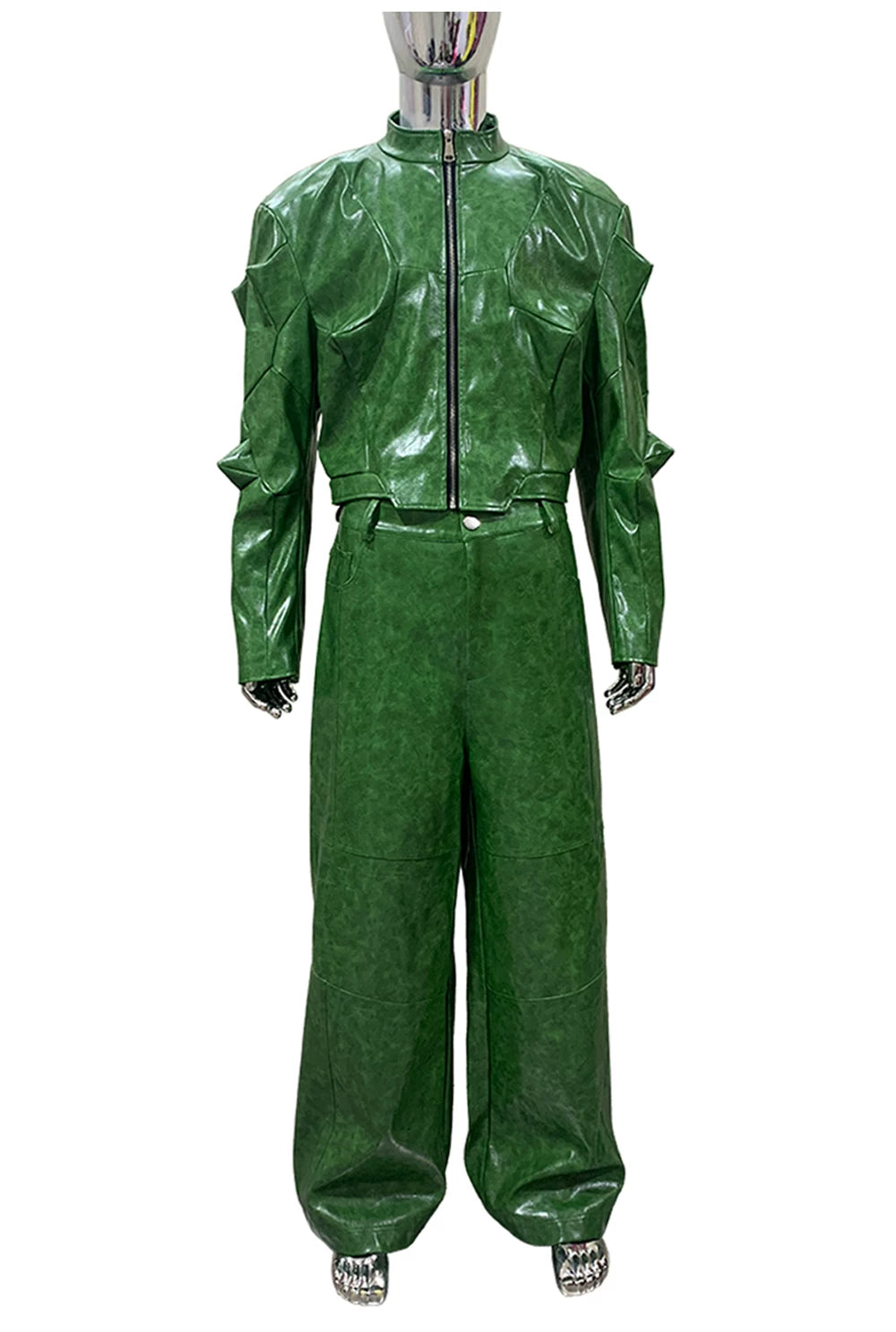 Sanhoostudio Green Glossy Deconstructed Cropped Leather Jacket