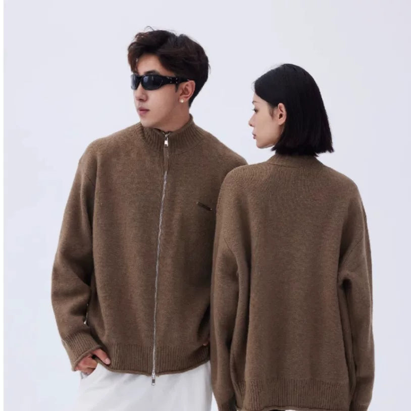 Sanhoostudio knit cardigan with rolled hem detail and relaxed fit. A unisex piece designed for daily wear and layering.