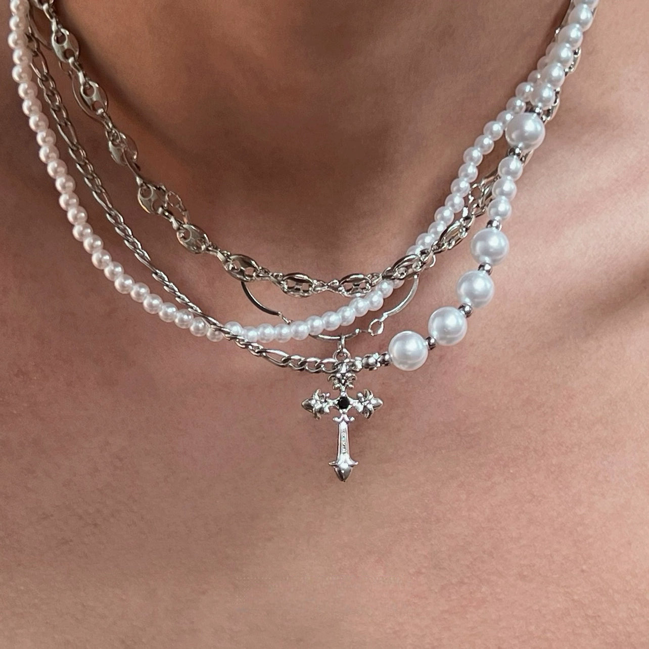 California Cross Pearl Multi-Layer Necklace