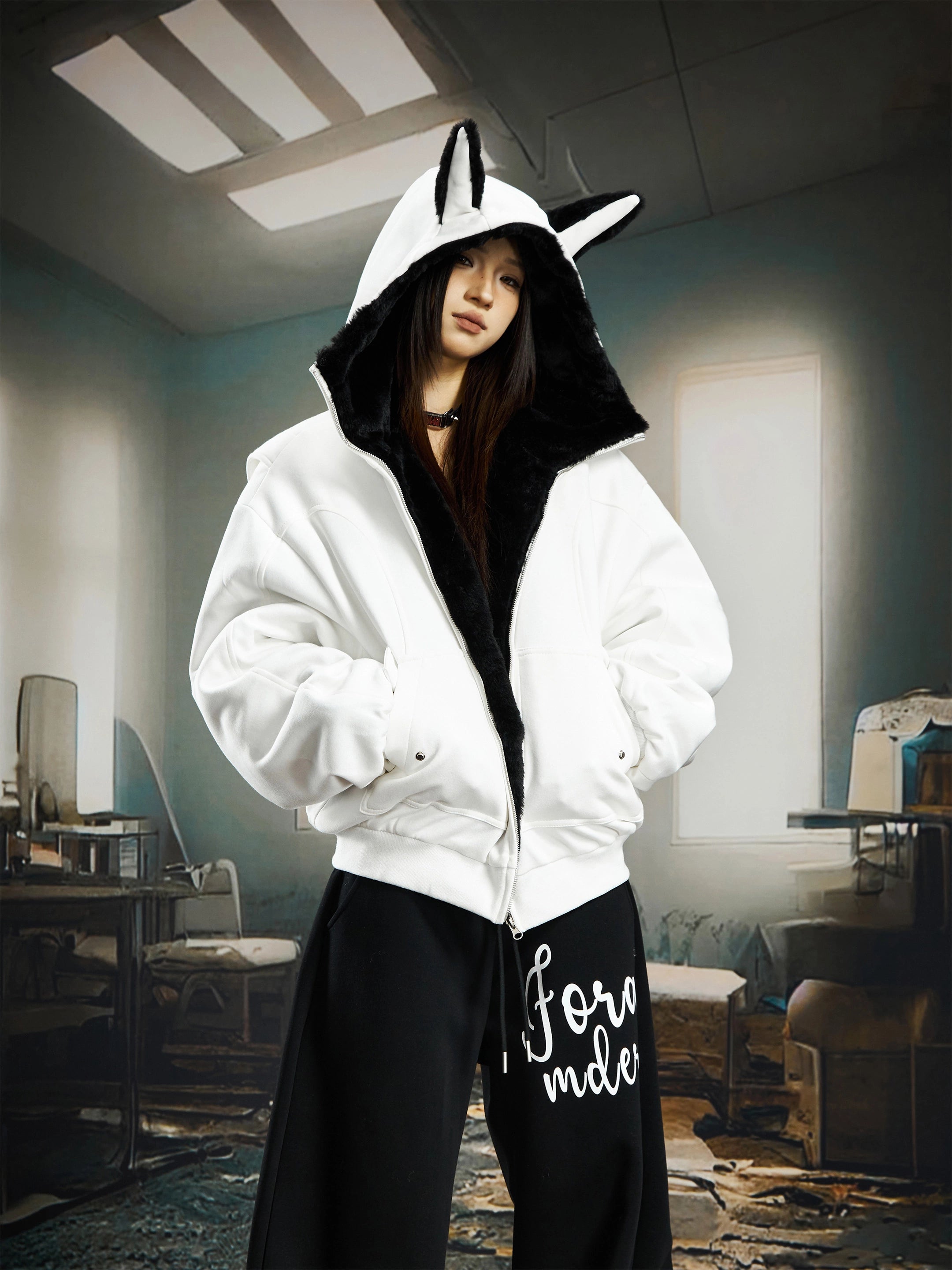 Vintage Bunny-Ear Hooded Sweatshirt Puffer Jacket