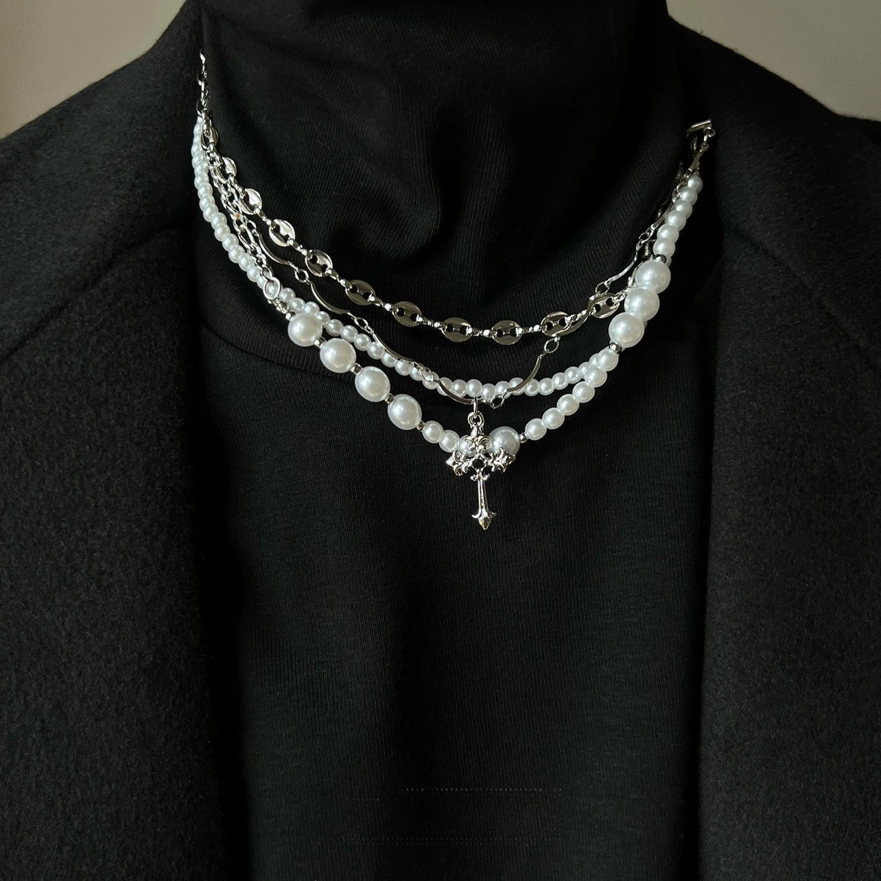 California Cross Pearl Multi-Layer Necklace