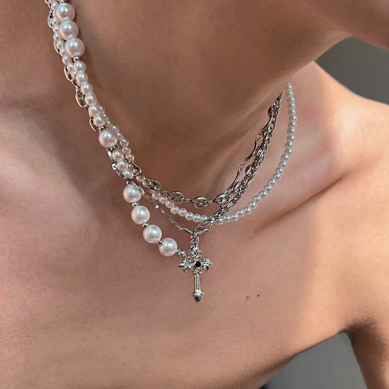 California Cross Pearl Multi-Layer Necklace