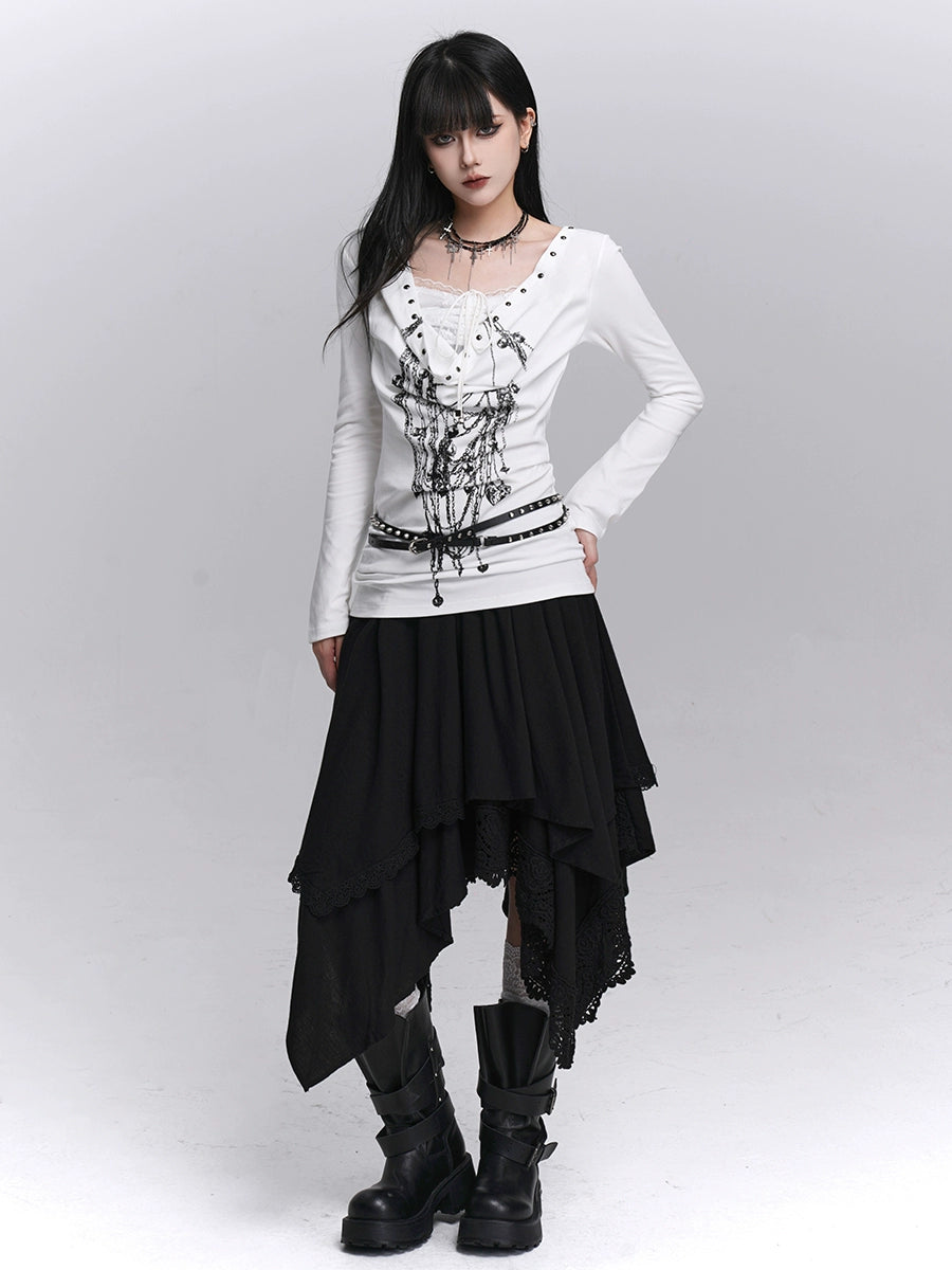 Artistic Irregular A-Line Apricot White Skirt