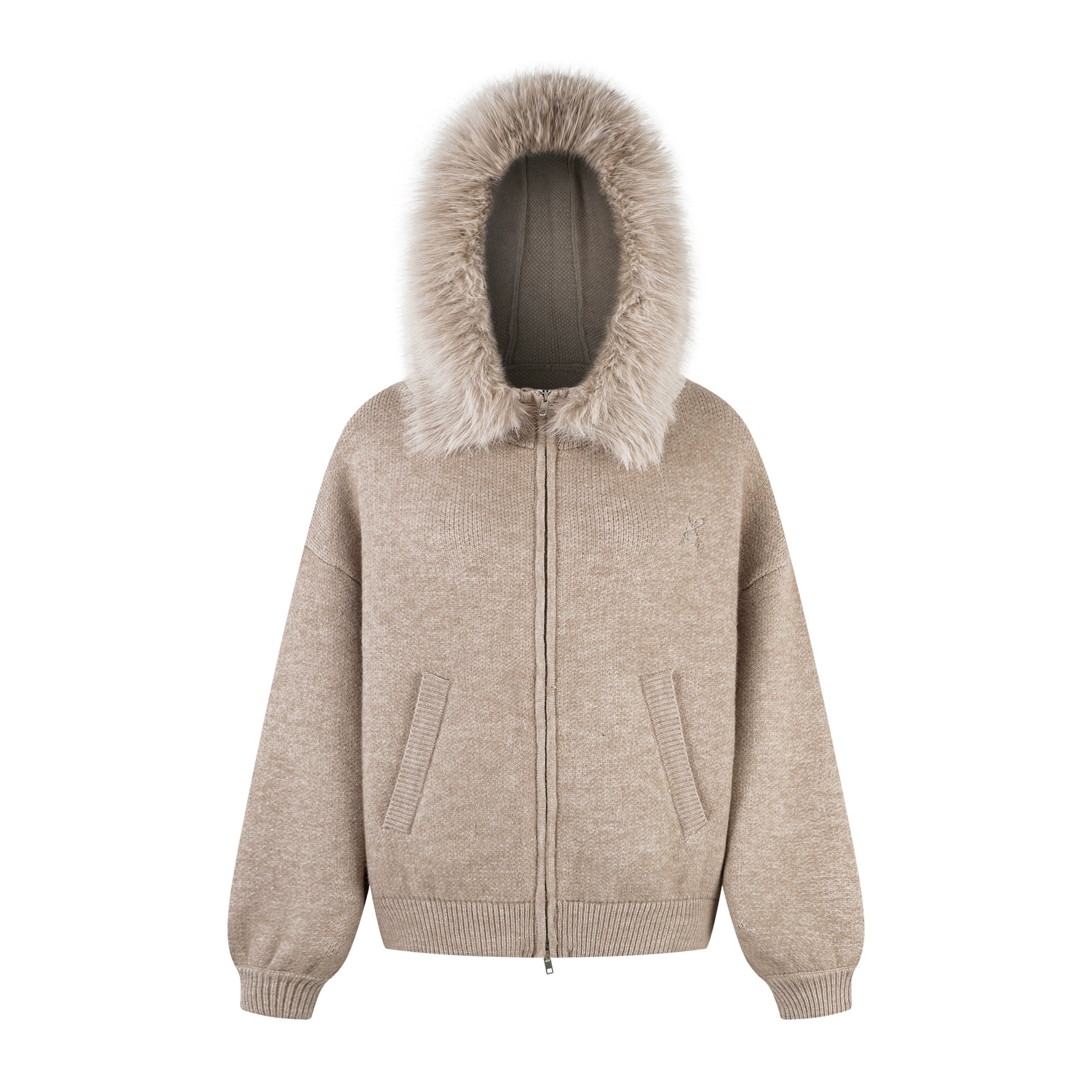 Heavy-Knit Fur Hood Relaxed Winter Cardigan