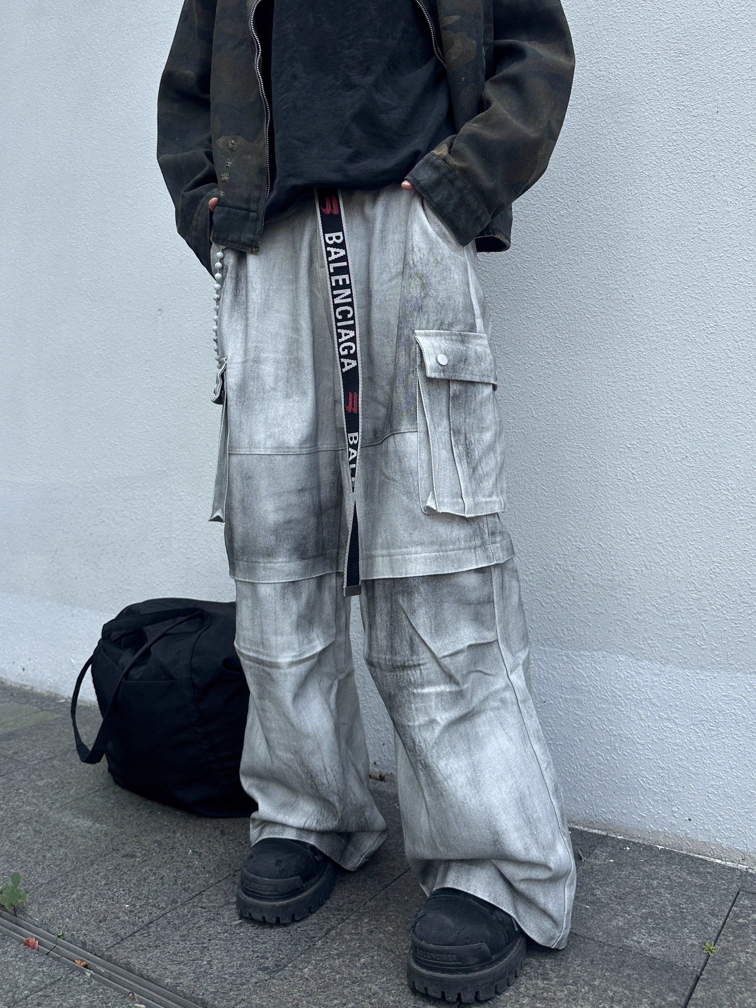 【25s Sep.】Washed Distressed Cargo Wide-Leg Pants