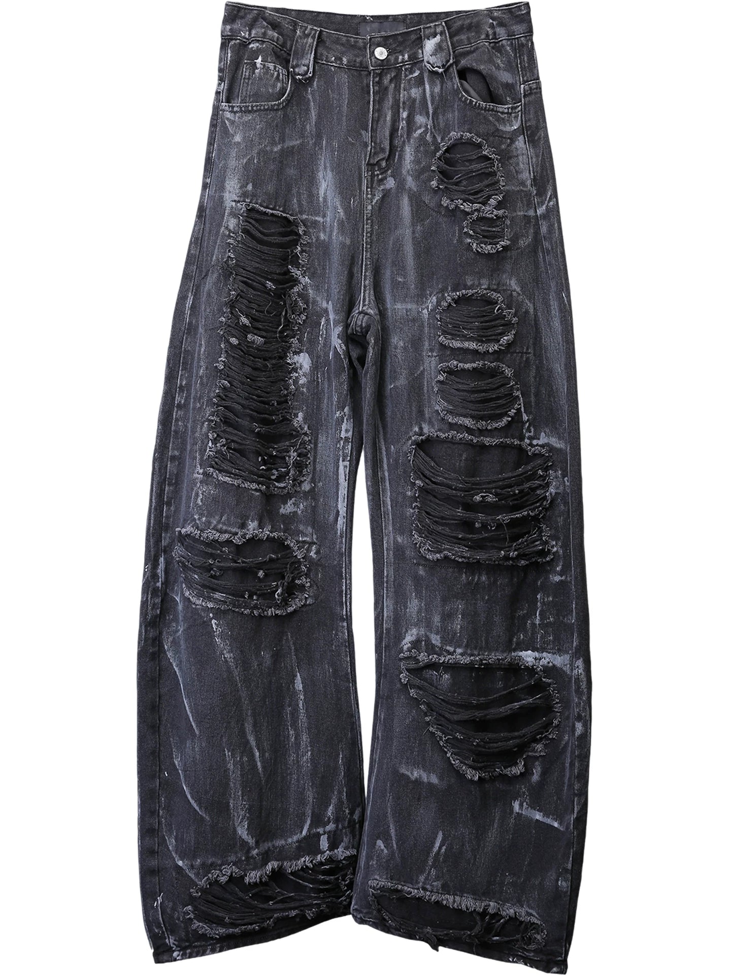 Sanhoostudio wide leg denim pants featuring distressed wash, painted effect, and ripped detailing. Designed with a scythe-cut silhouette for bold streetwear outfits, combining comfort, texture, and everyday versatility.