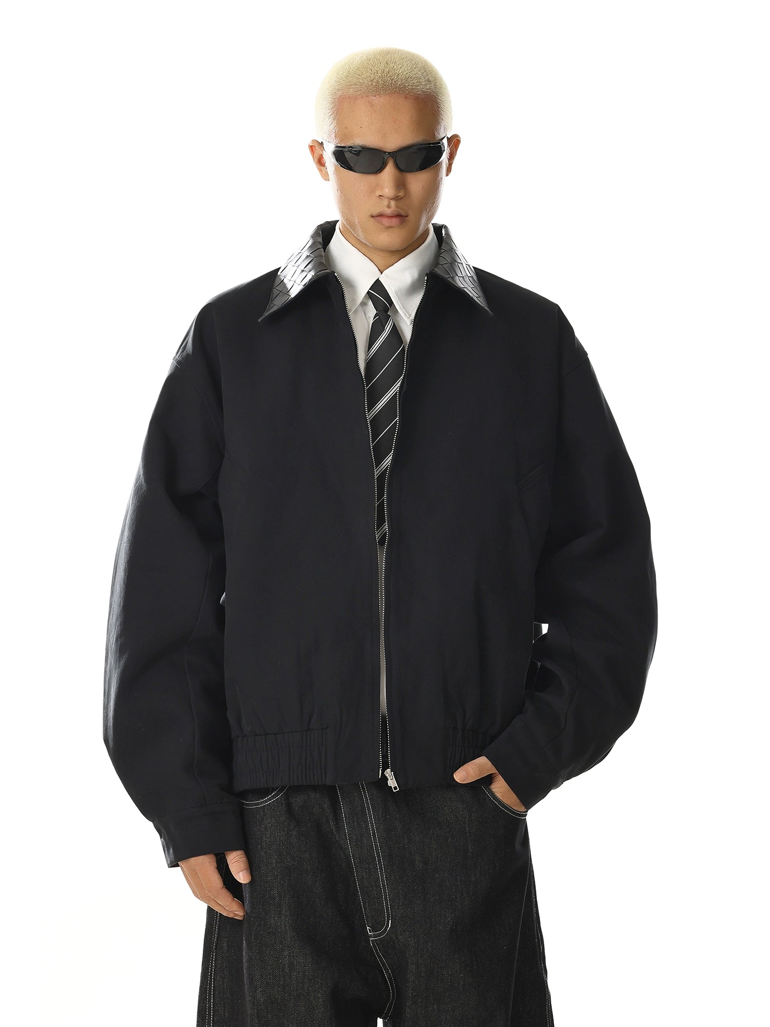 Vintage Leather Collar Jacket with Minimalist High Street Style