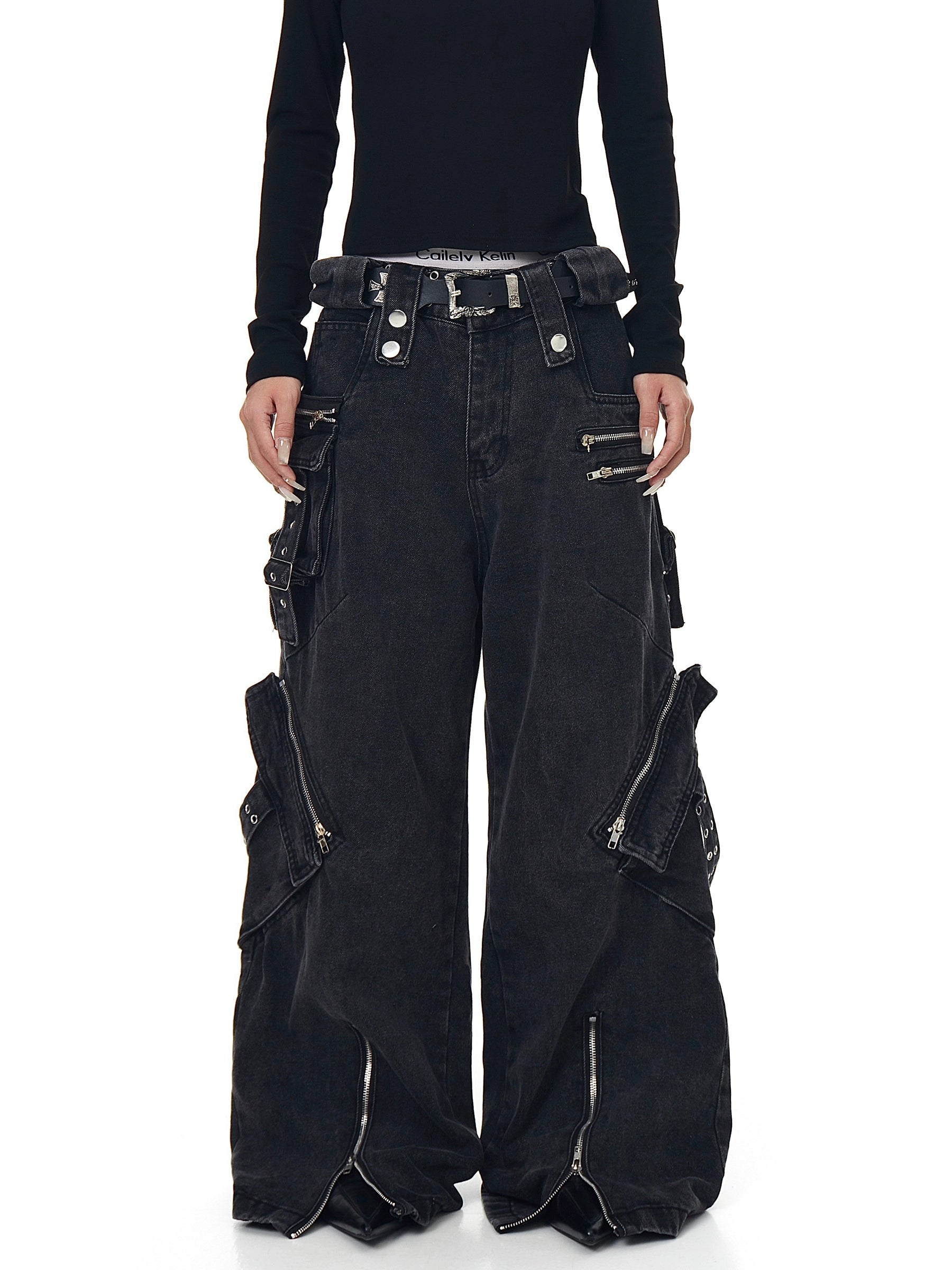 Washed Multi-Pocket Punk Cargo Denim Pants